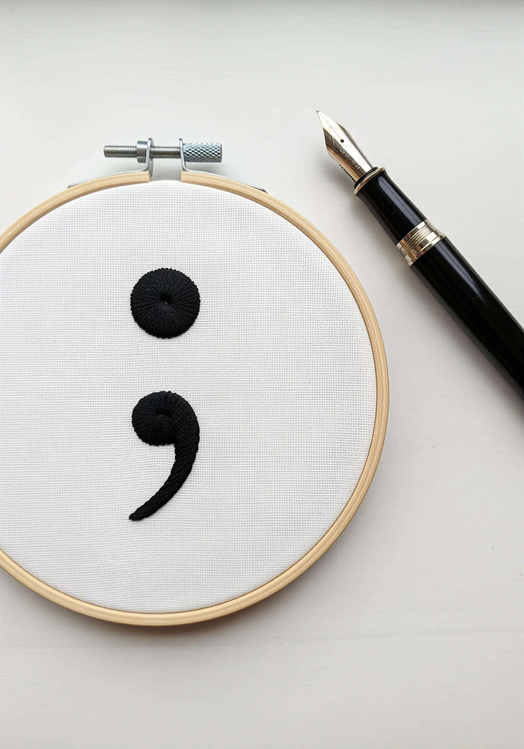 A black semicolon embroidered on white fabric, with a perfectly round satin-stitched dot.