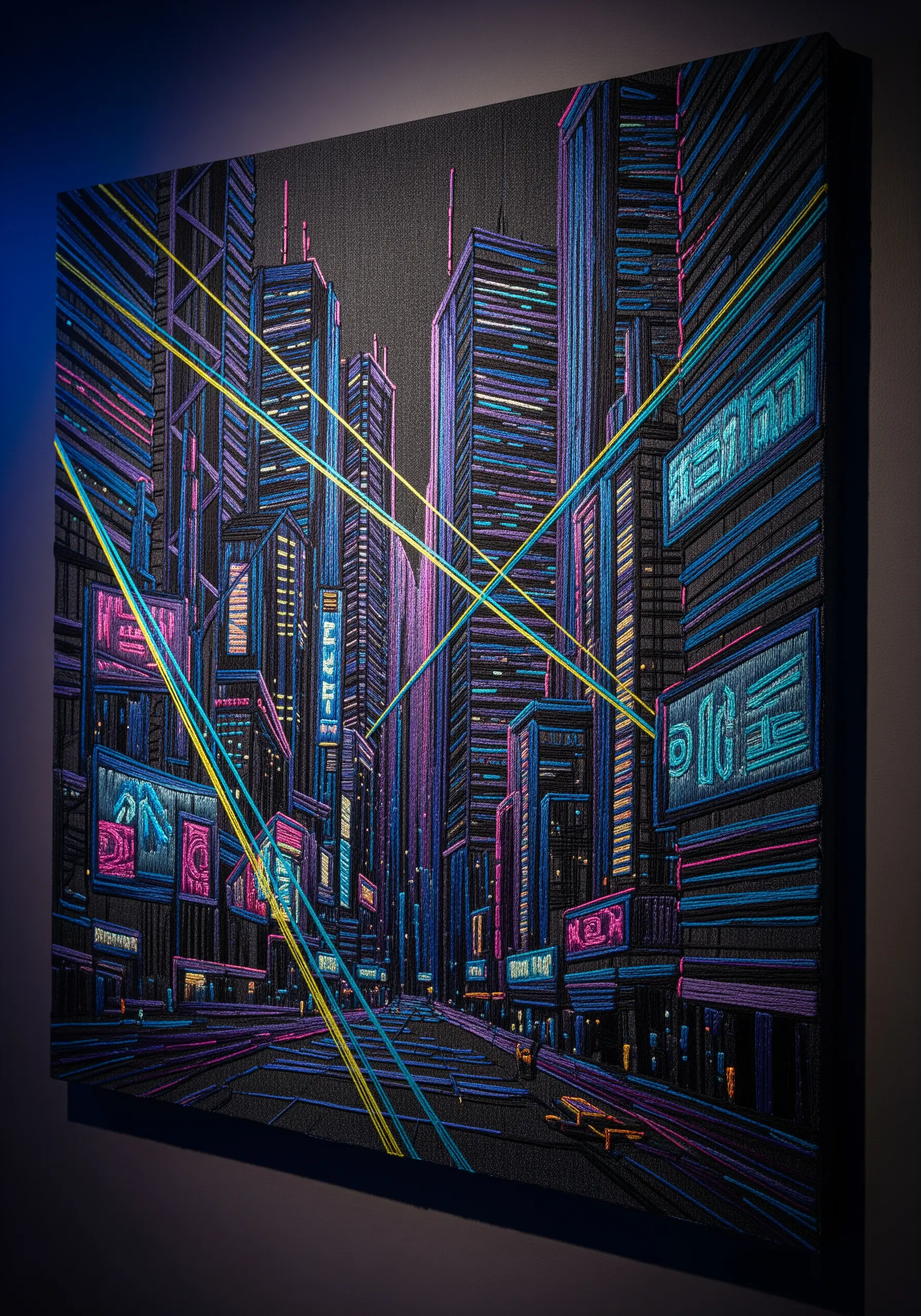 A cyberpunk city street embroidered with neon threads, showing strong perspective lines drawing the eye inward.