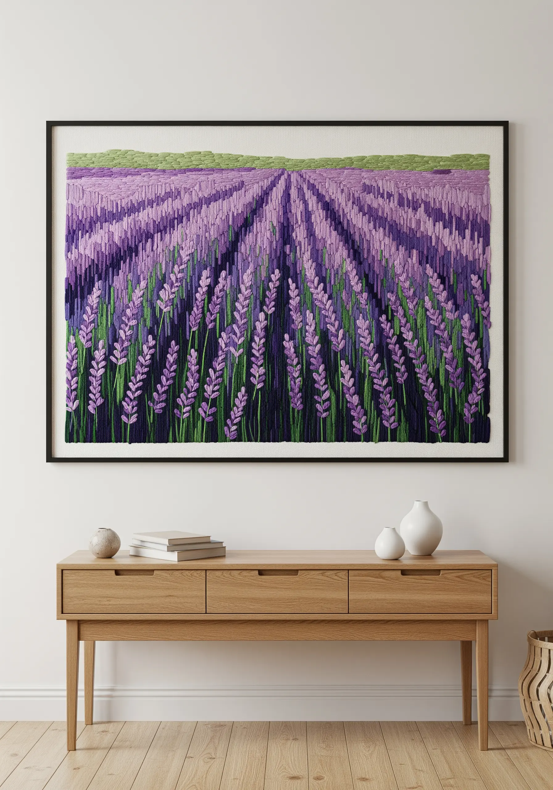 Large framed embroidery of a lavender field, creating a sense of perspective with rows of stitches.