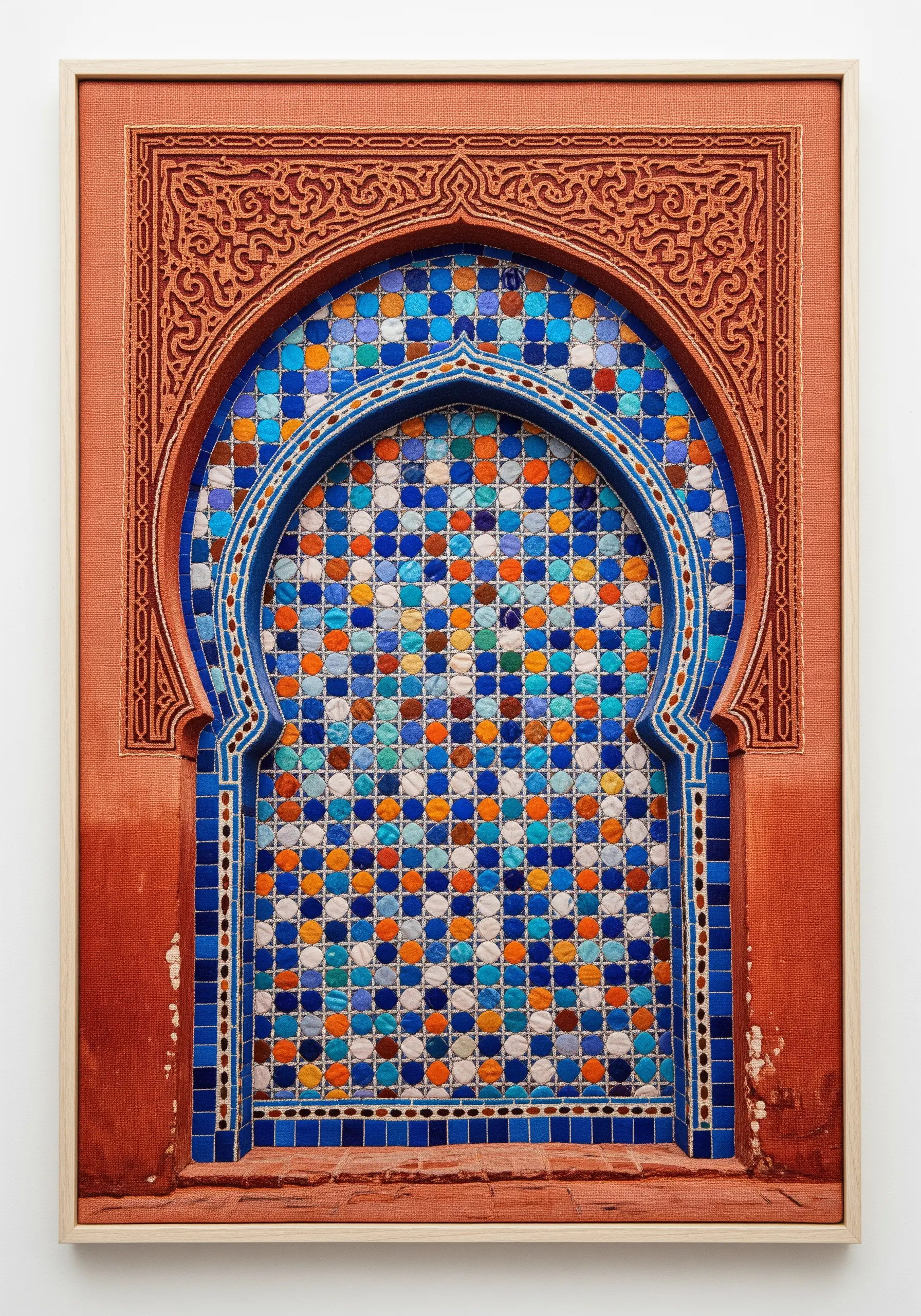 A framed textile artwork depicting a Moroccan arch with mosaic tiles and carved stone details.