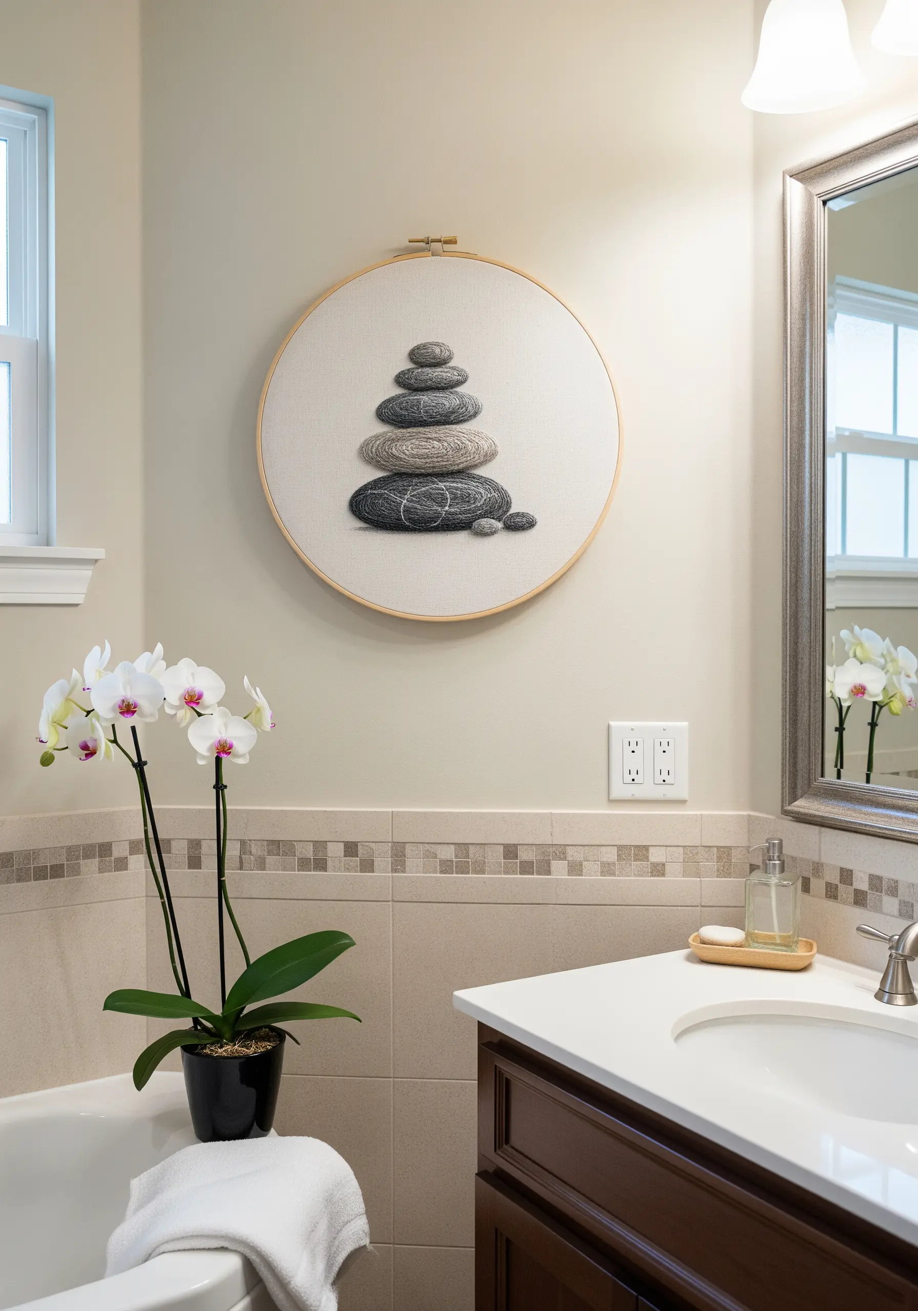 An embroidery of stacked, smooth grey stones, creating a sense of balance and calm.