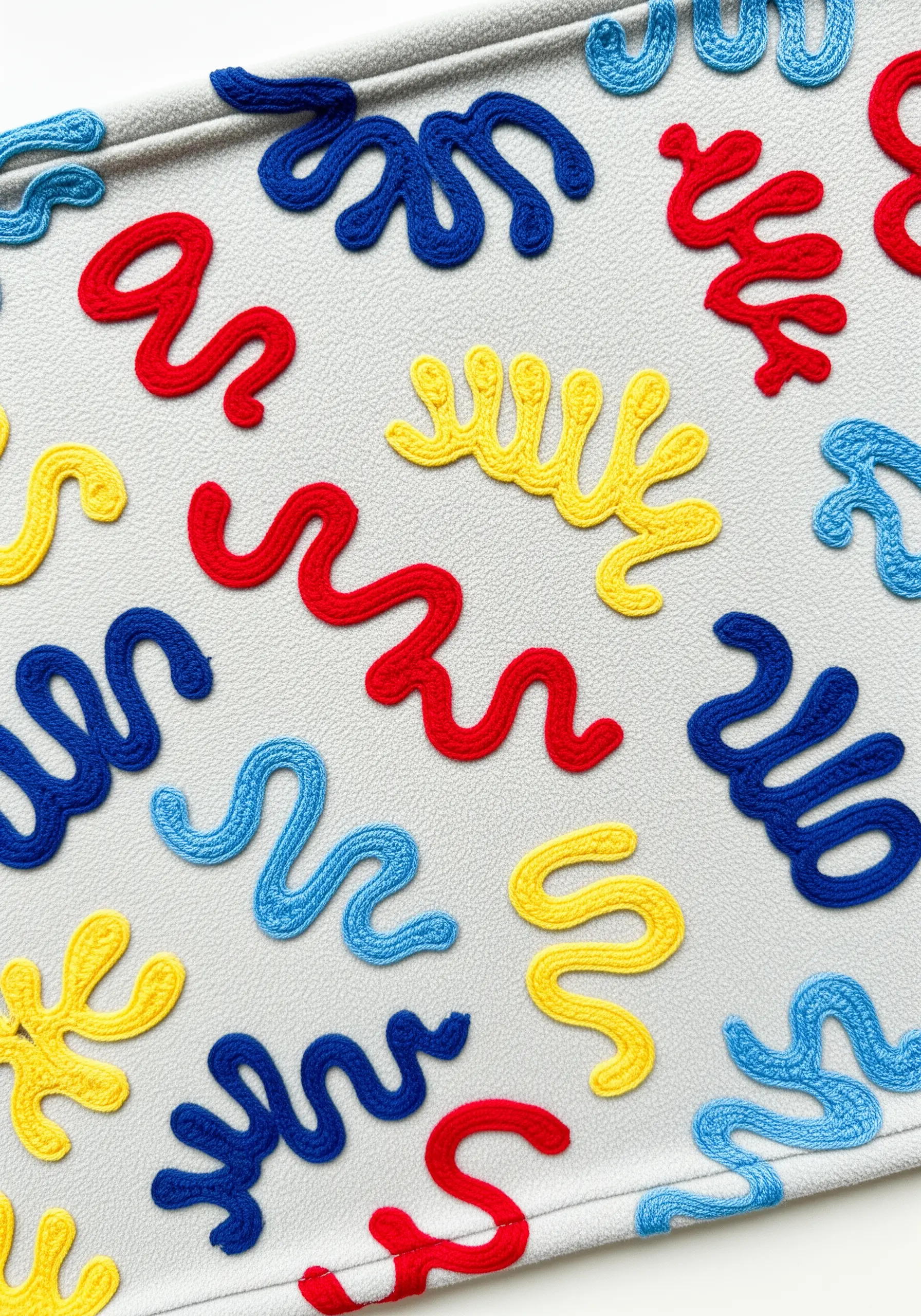 Abstract, squiggly shapes in red, blue, and yellow created with a raised chain stitch.