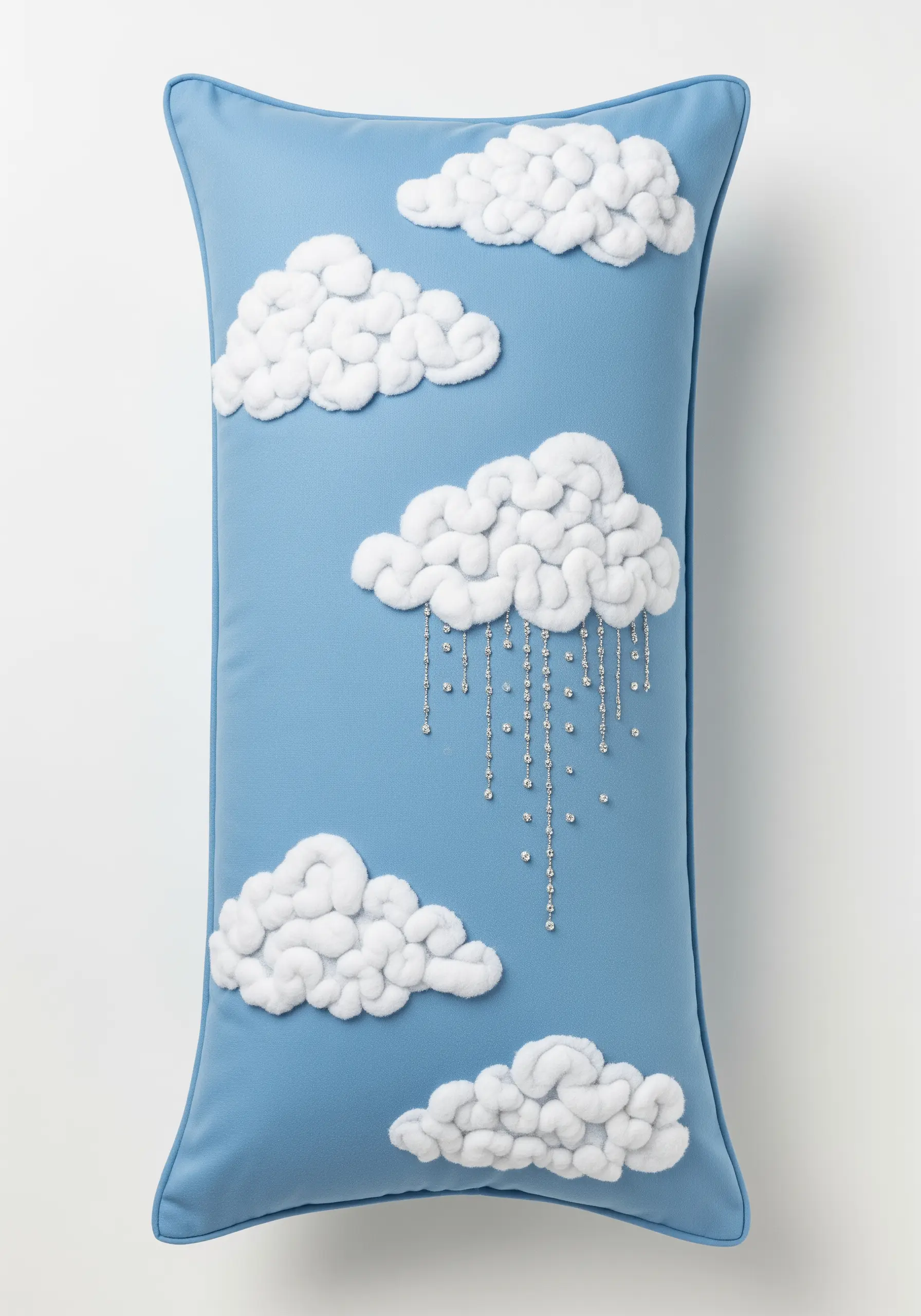 Blue pillow with fluffy white embroidered clouds and dangling bead raindrops.