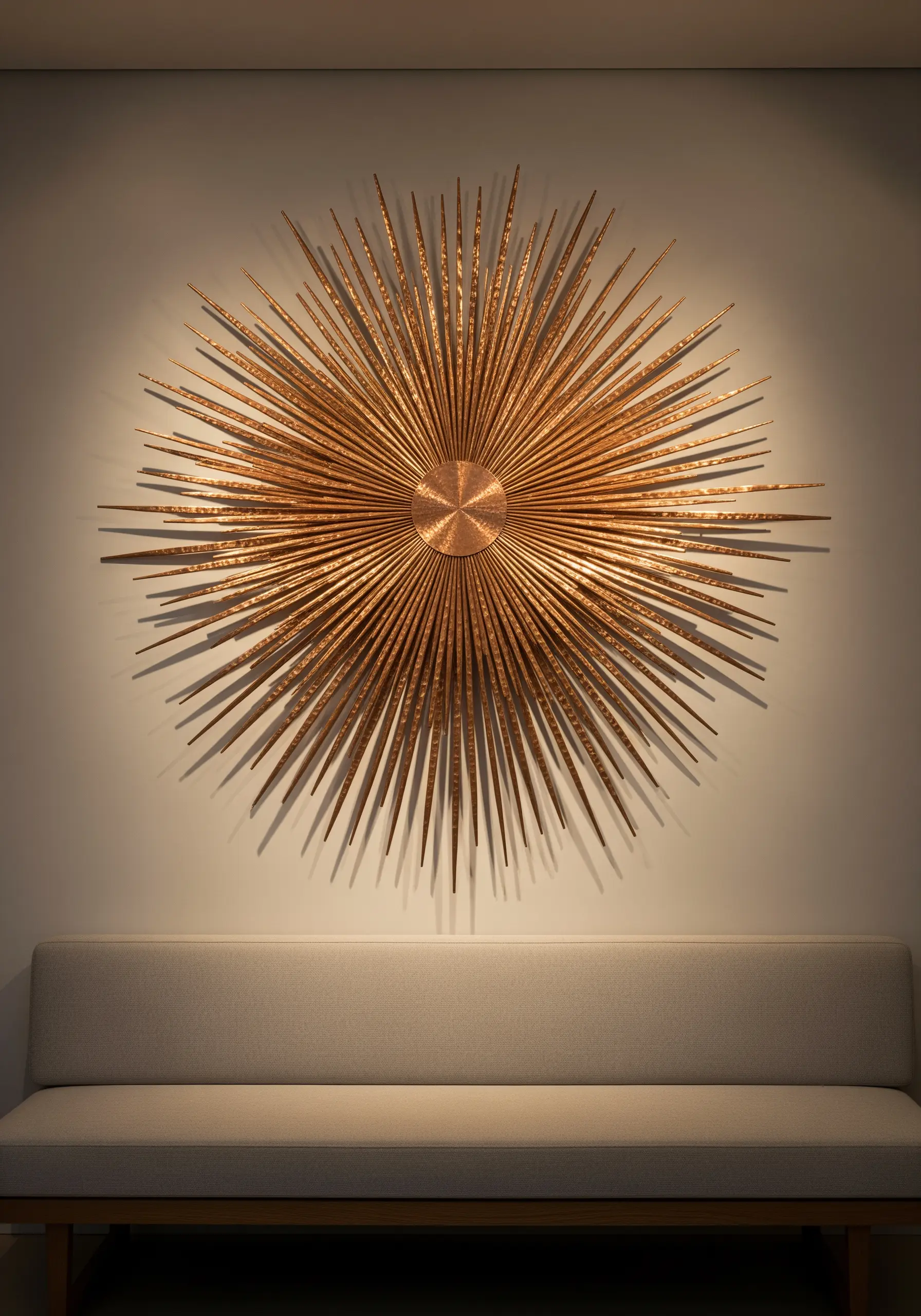 A large, spiky metallic sunburst sculpture casting dramatic shadows on a wall.