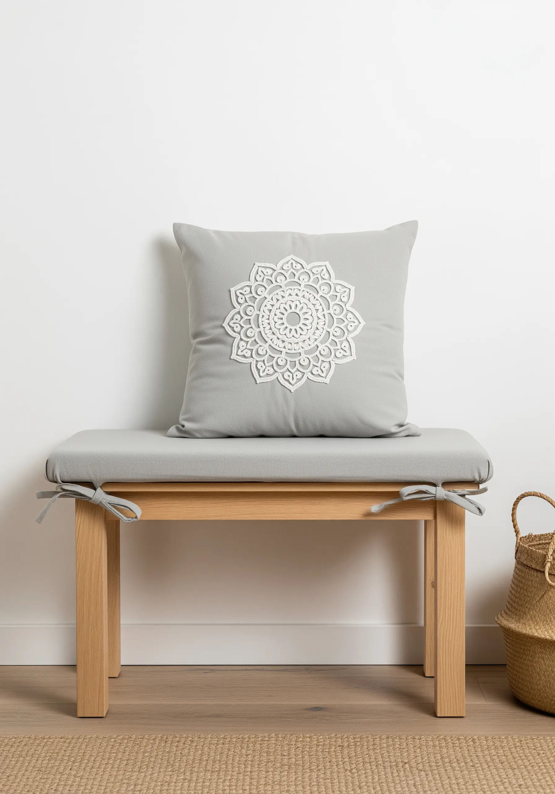 A close-up of a white mandala on a grey cushion, showing the raised, textural quality of the stitches.