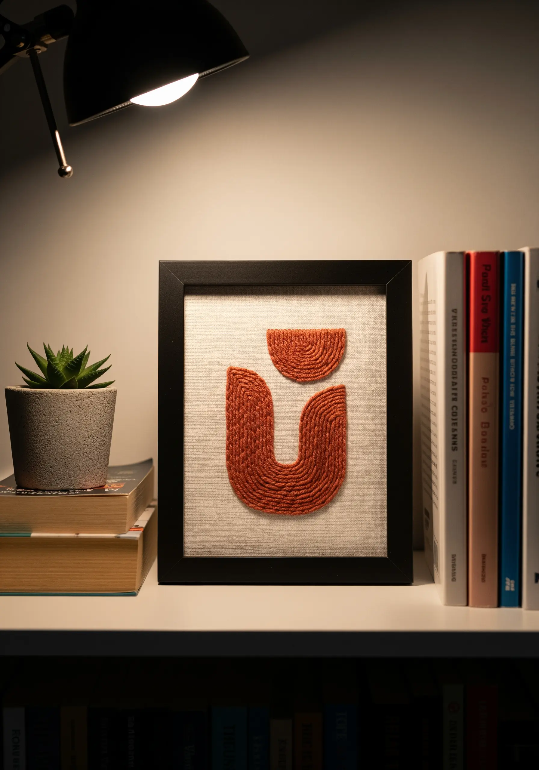 Abstract U-shape made from thick, couched terracotta yarn in a black frame.