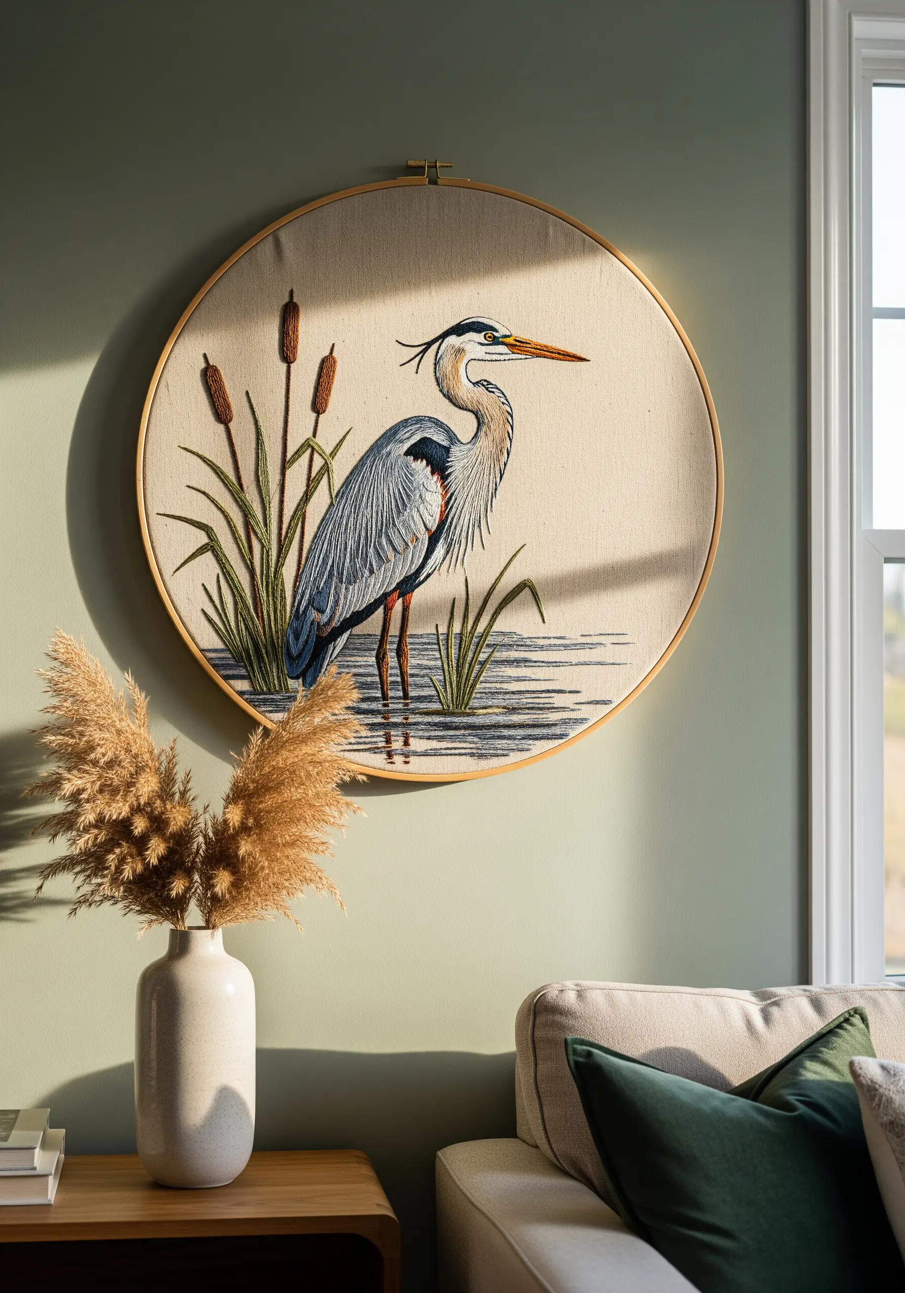 Embroidered heron in a large hoop, showcasing layered stitches for feather texture.