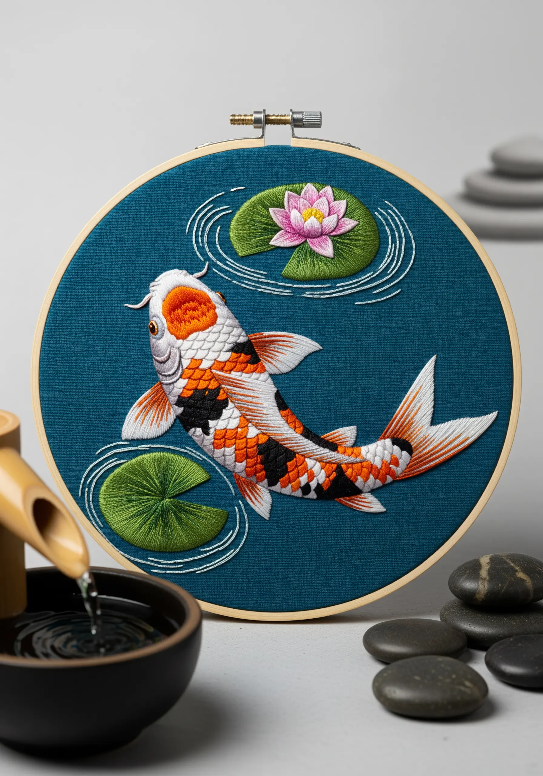 An embroidered koi fish with detailed overlapping stitches for scales and backstitched water ripples.