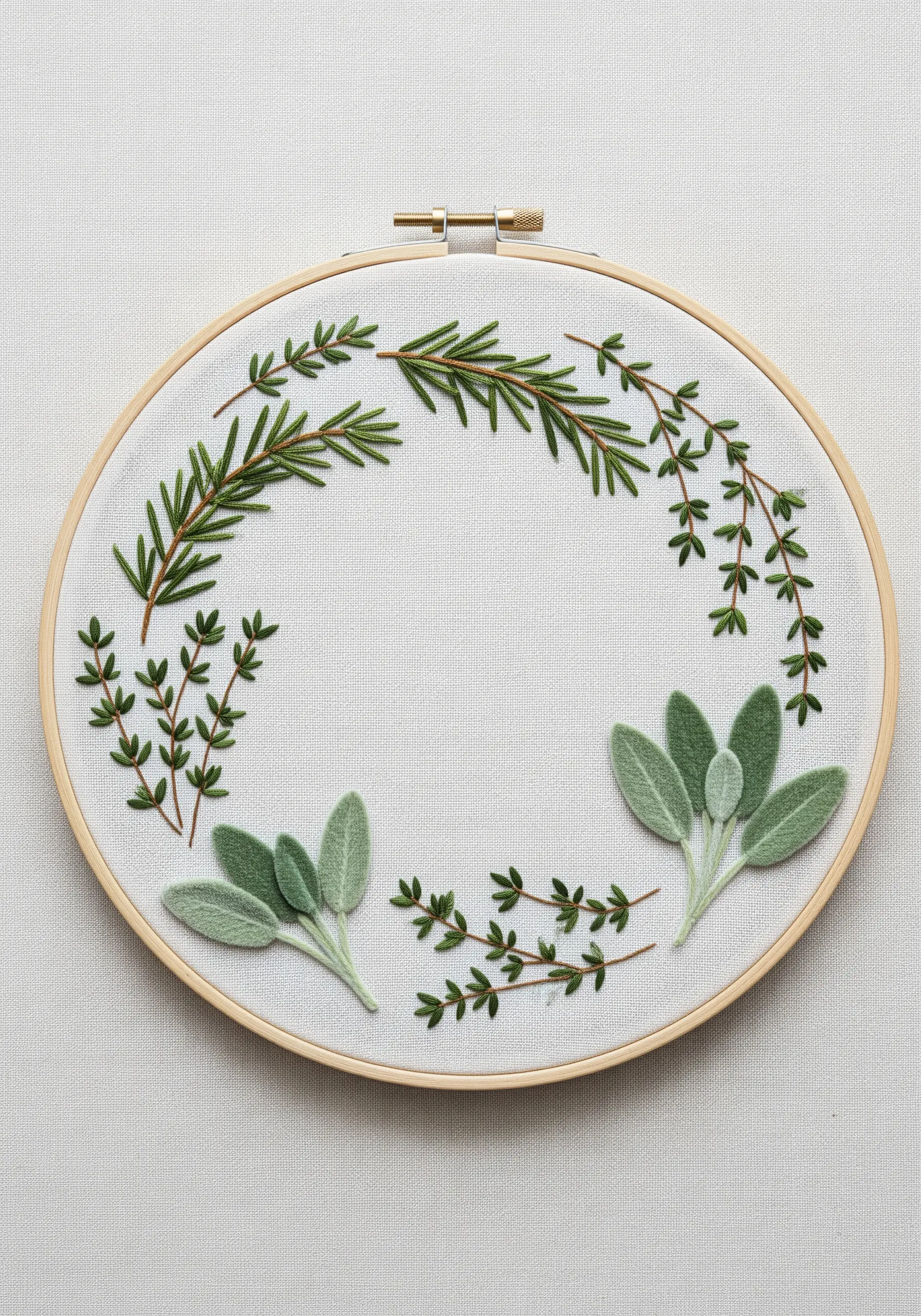 An embroidered wreath of herbs, featuring felt appliqué sage leaves and stitched rosemary.