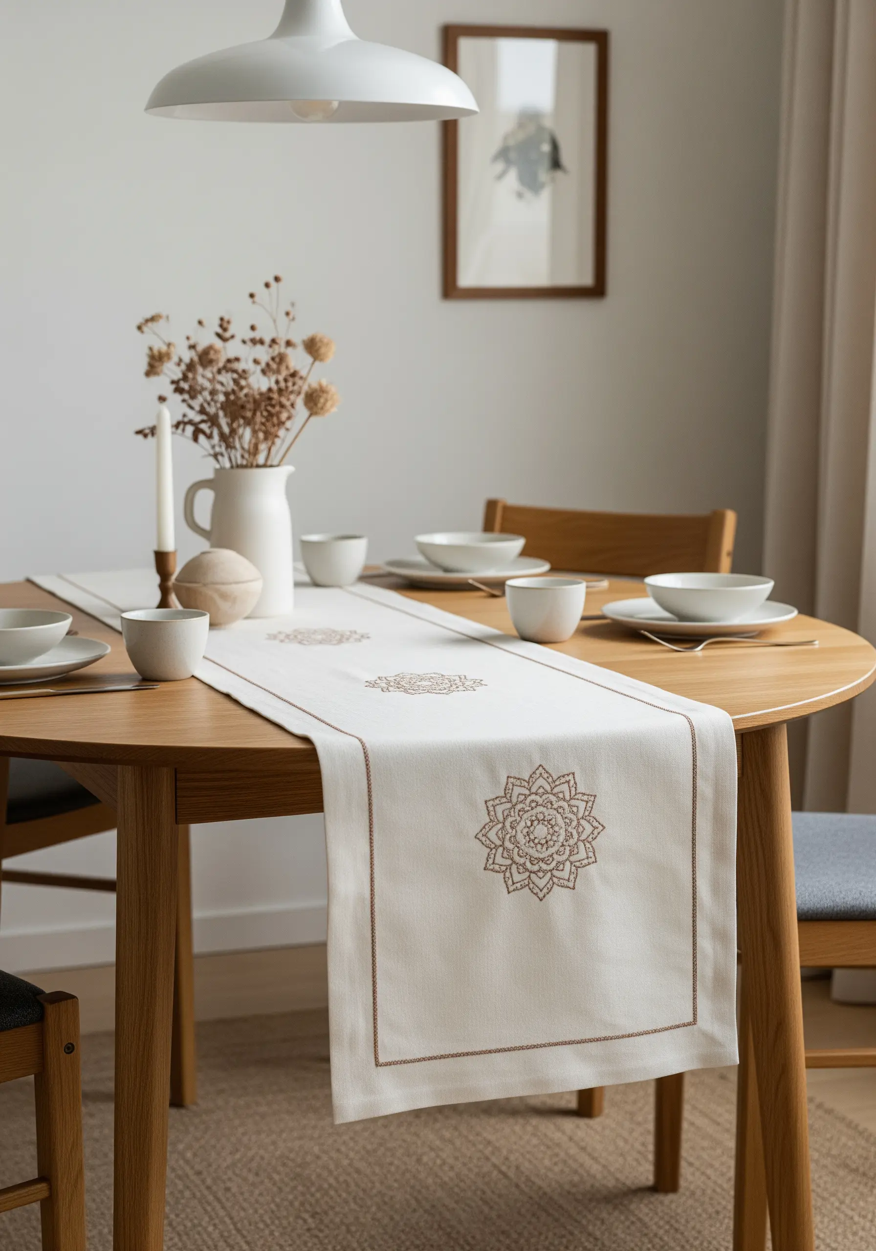 A white table runner with three small, repeated brown mandala motifs.