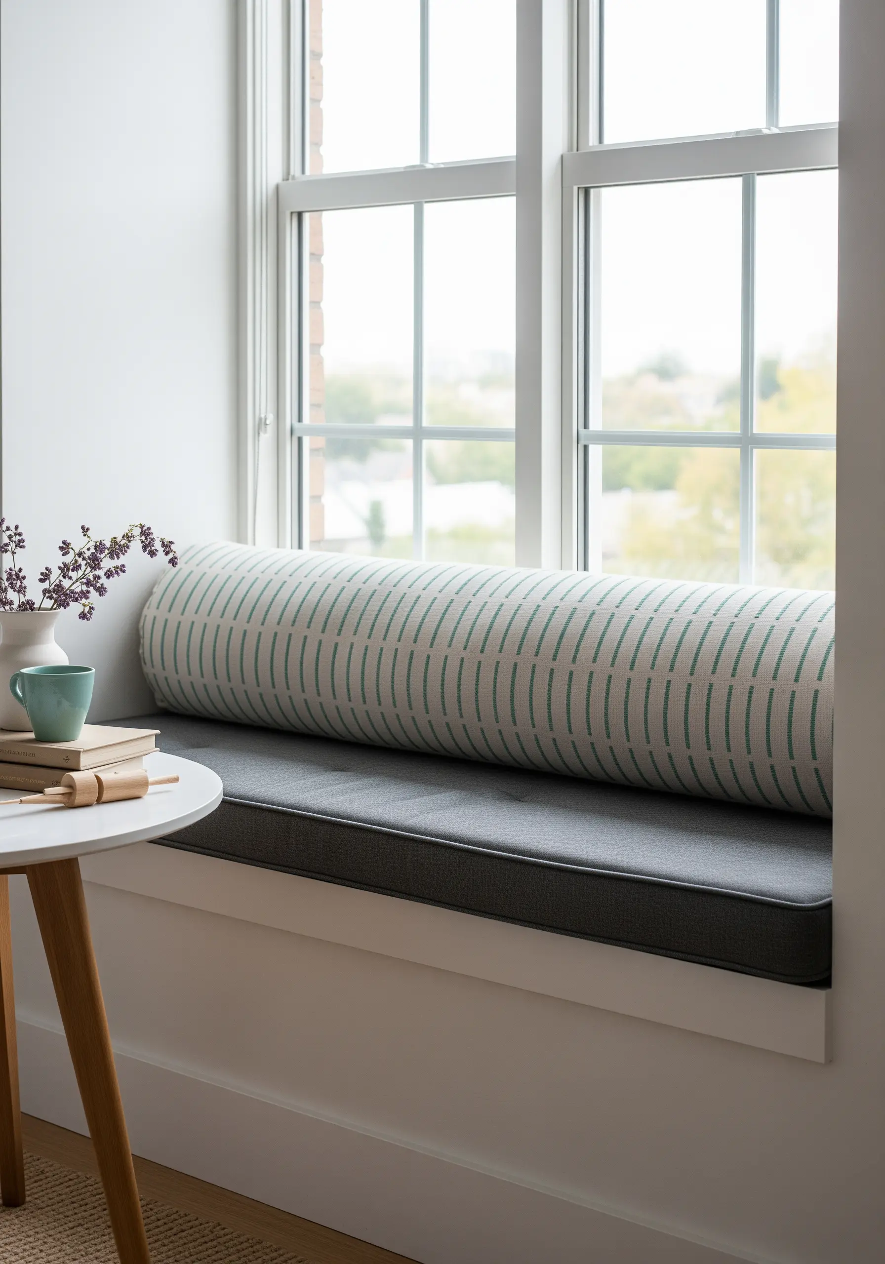 A long bolster pillow with a repeating pattern of short, vertical green stitches