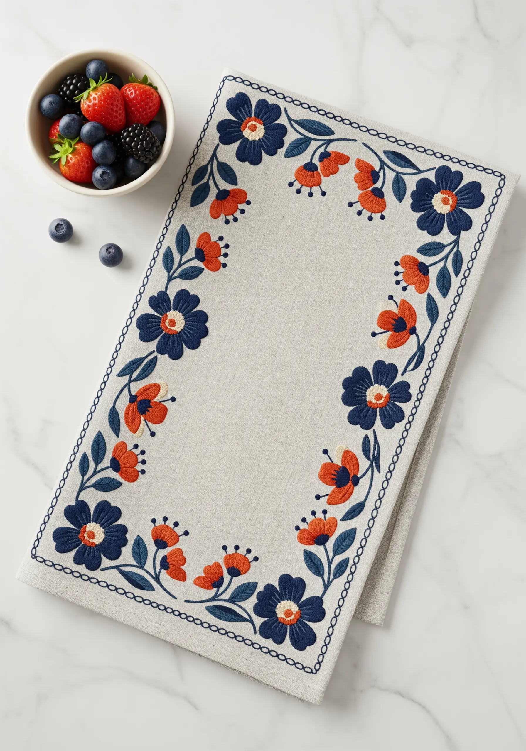 Table runner with a symmetrical floral border embroidered in navy blue and rust orange.