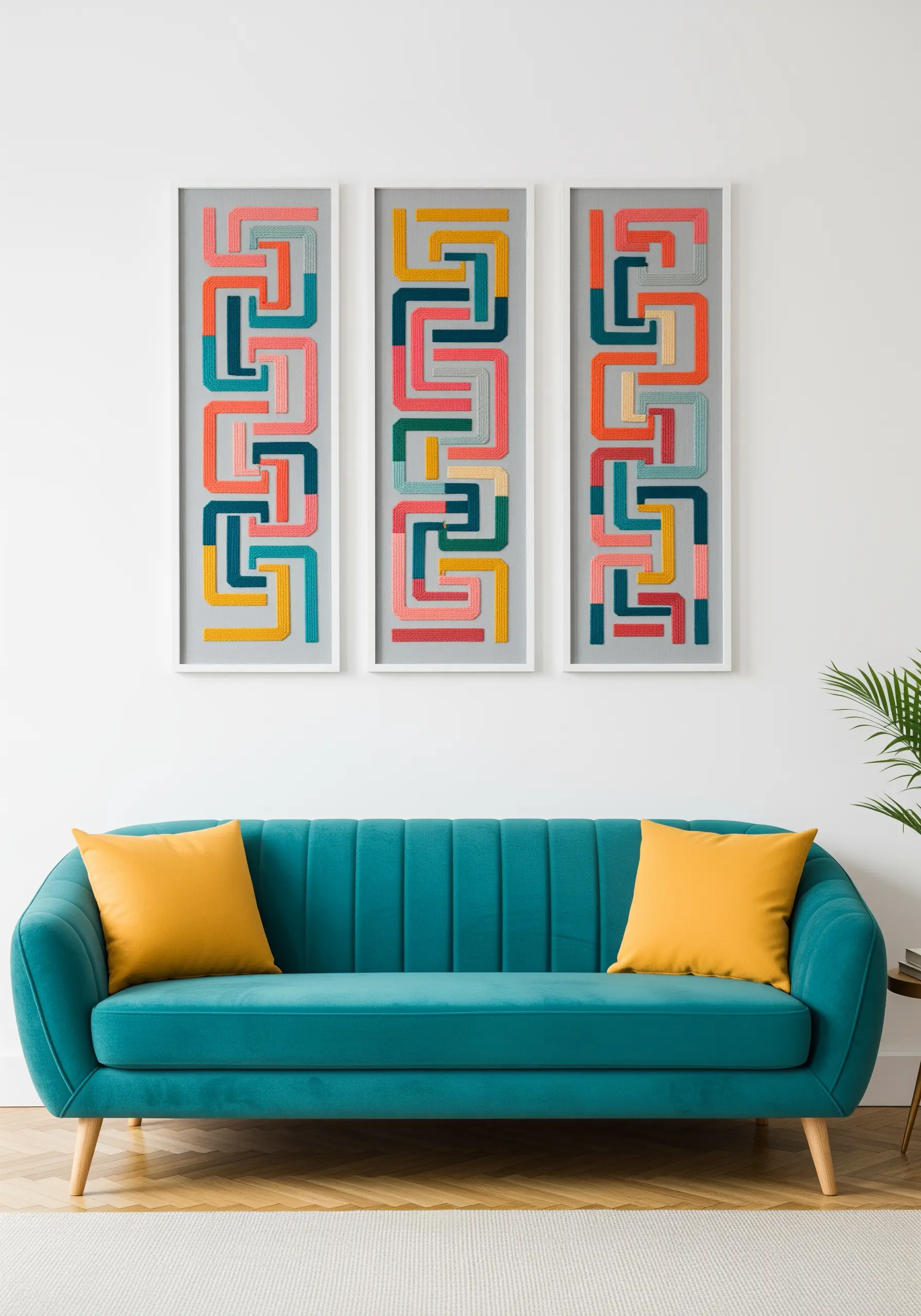 A triptych of framed art with colorful, interlocking geometric lines on a gray background.