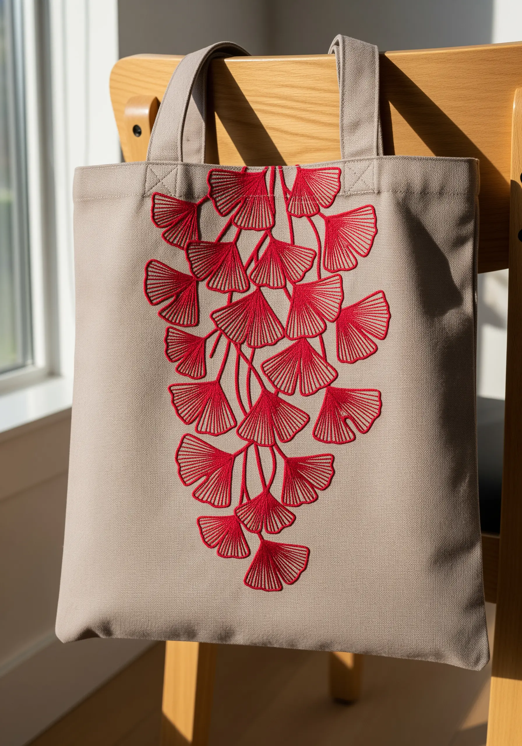 Red embroidered ginkgo leaves cascading down a neutral canvas tote bag.