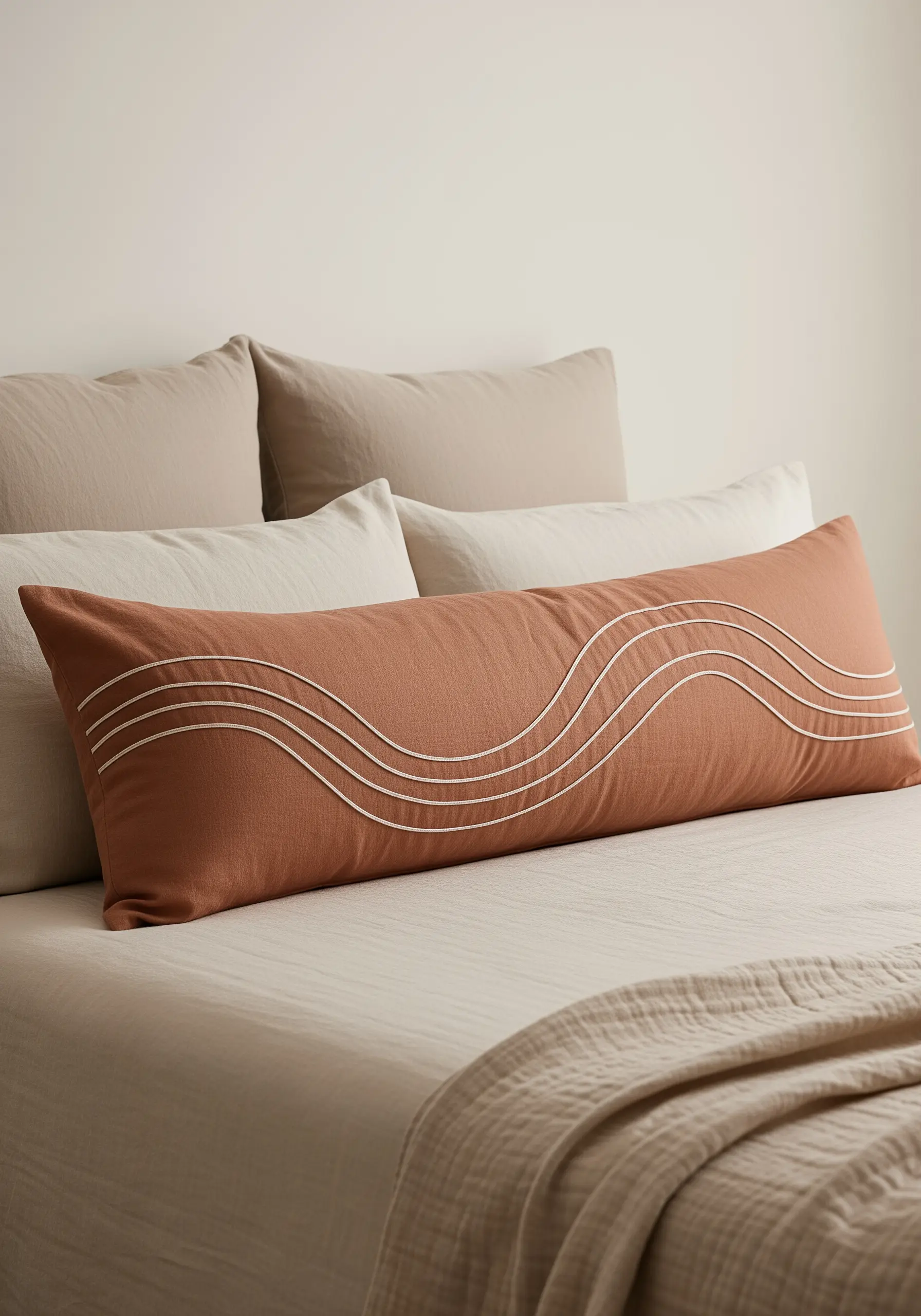 A terracotta-colored bolster pillow with parallel wavy lines embroidered in a light cream thread.