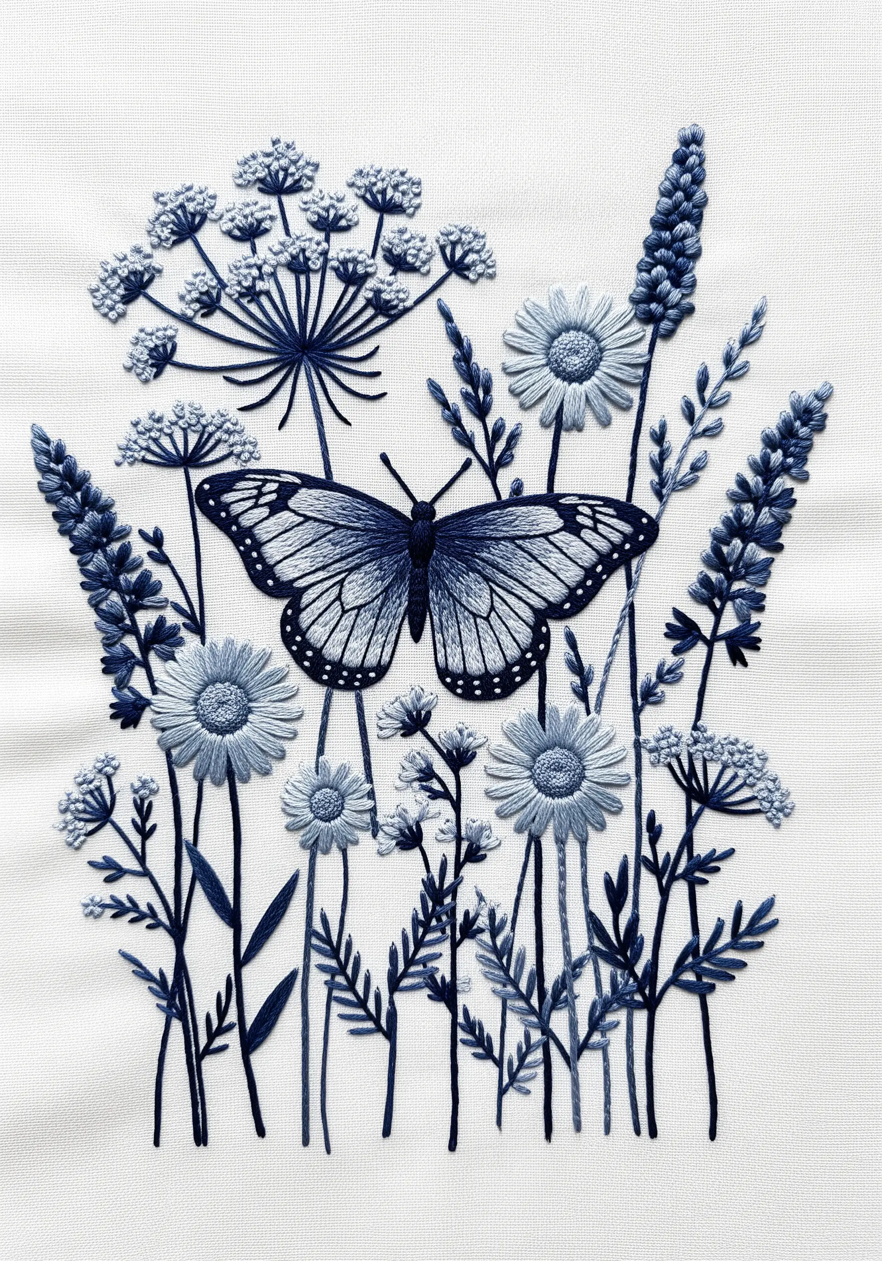 A monochromatic wildflower meadow and butterfly embroidered entirely in shades of indigo blue.