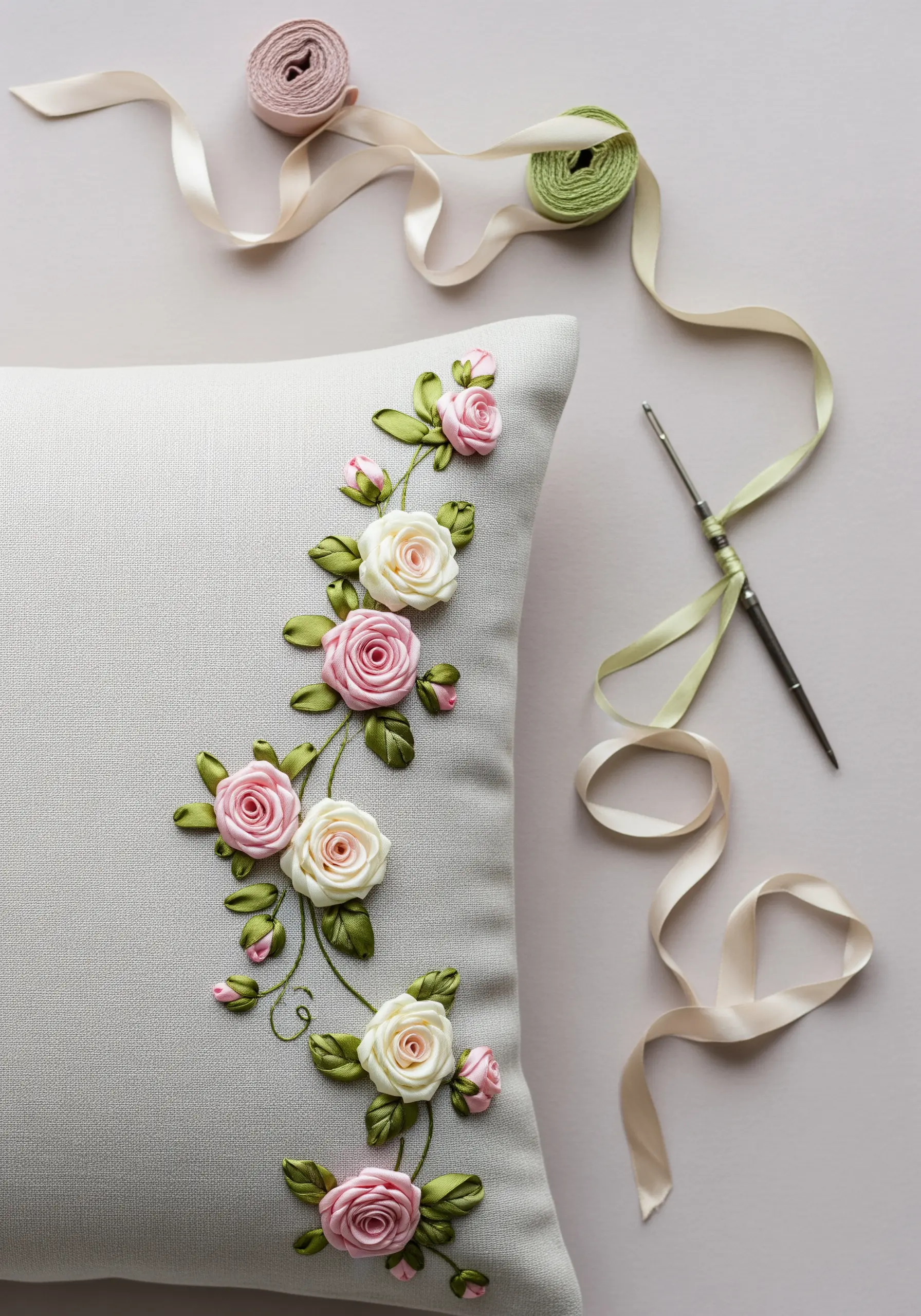 3D pink and cream roses made with silk ribbon embroidery on a linen pillow.