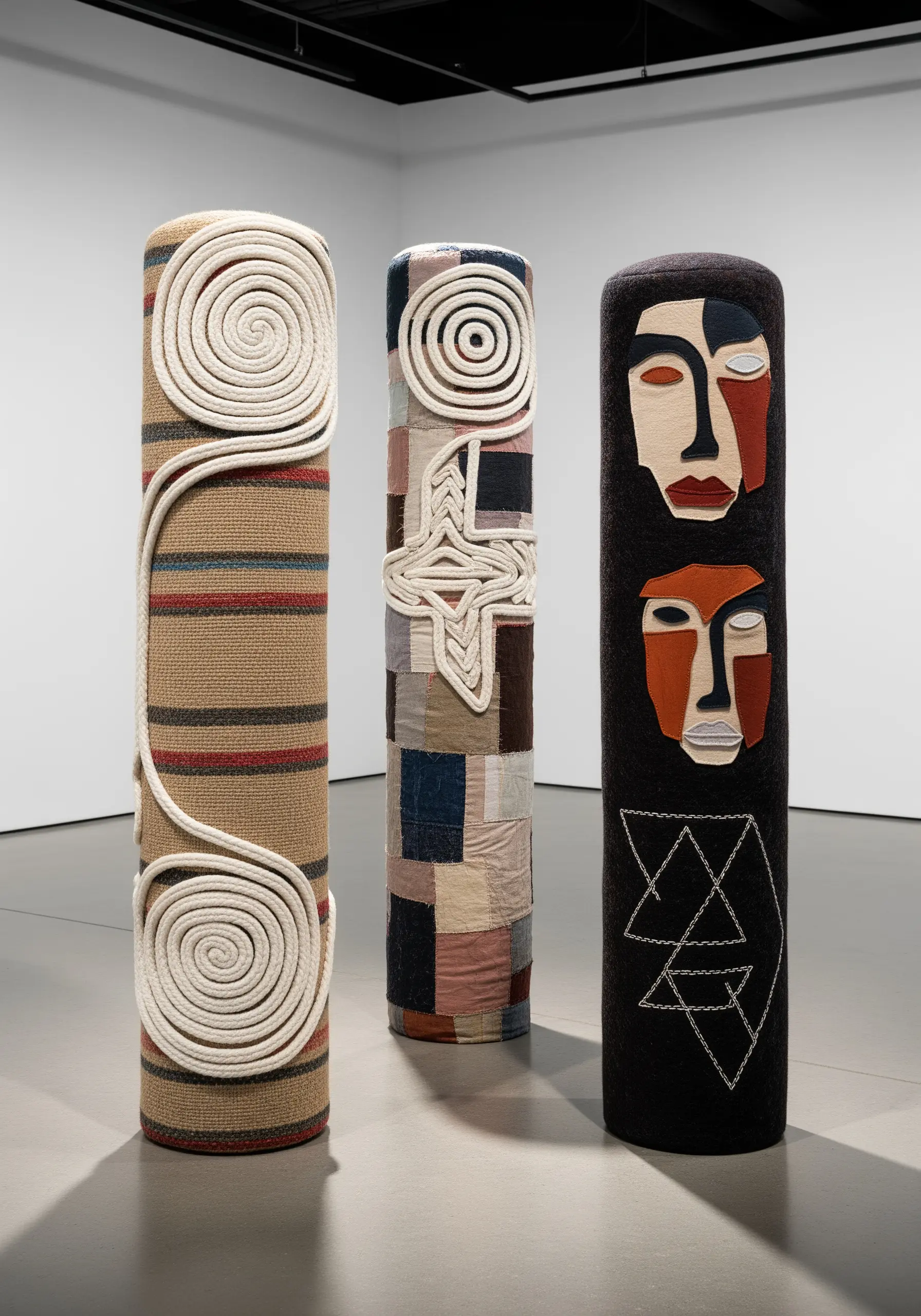Three large cylindrical fiber sculptures with appliquéd faces and graphic cord designs.