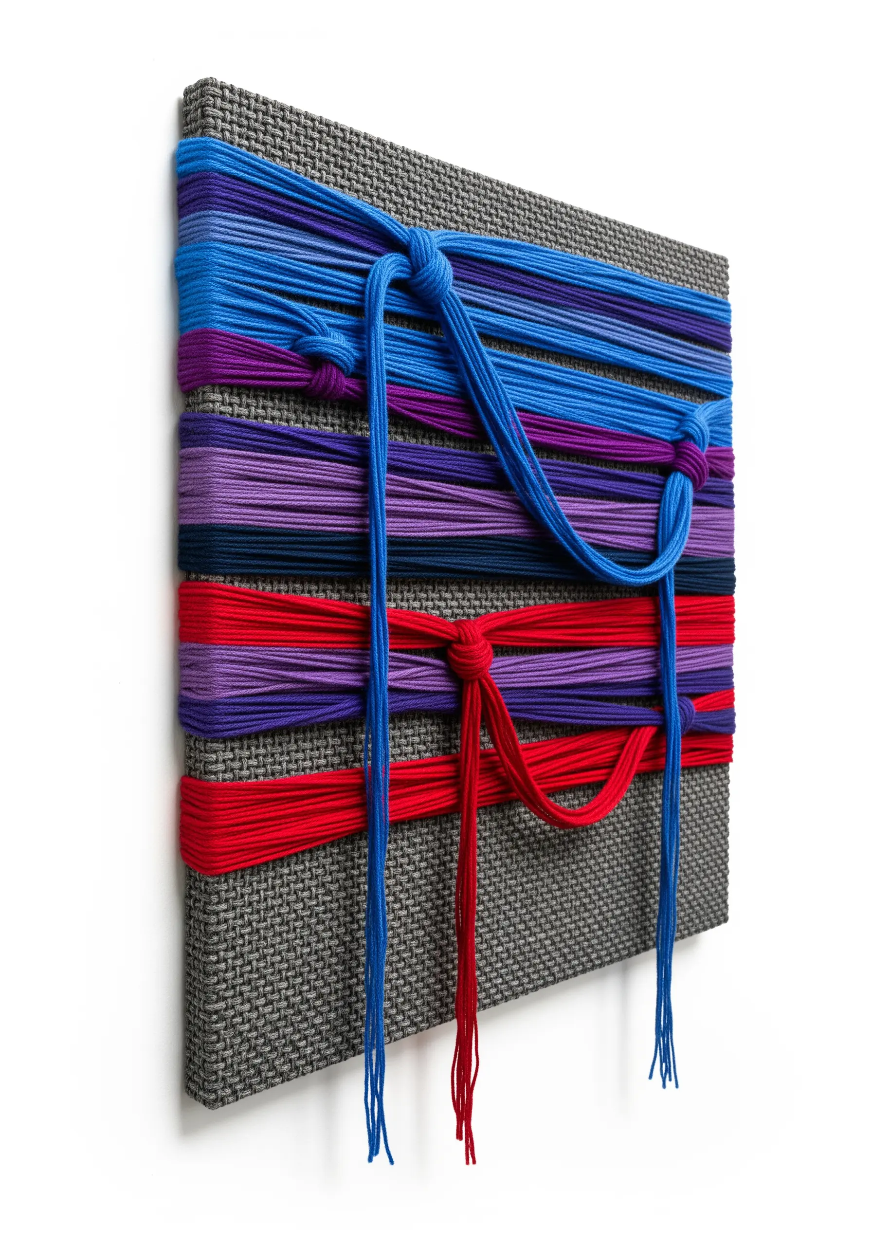 A canvas wrapped with horizontal bands of colorful thread, with knots creating 3D texture.