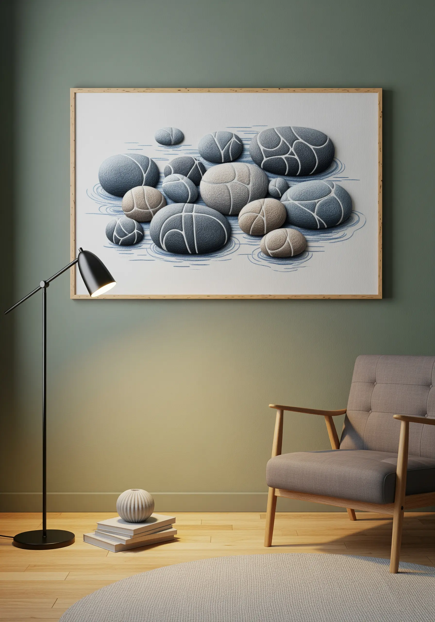 Framed embroidery of smooth, 3D river stones created with padded satin stitch on a white background.