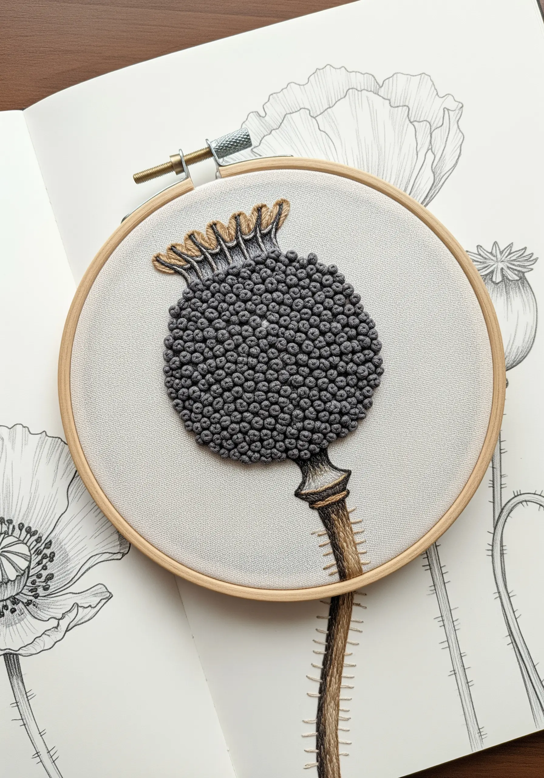 Embroidery of a poppy seed head with a dense texture of grey French knots and a smooth stem.