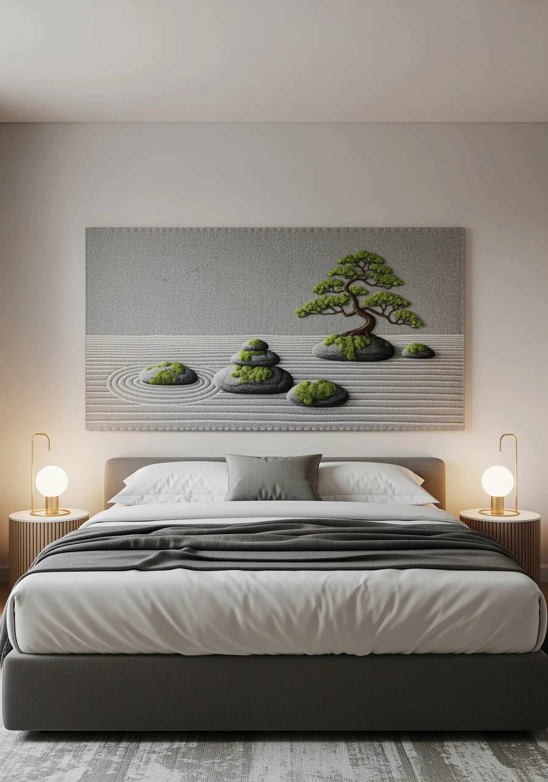 A large, textural embroidery of a Zen garden with a 3D bonsai tree and rocks.