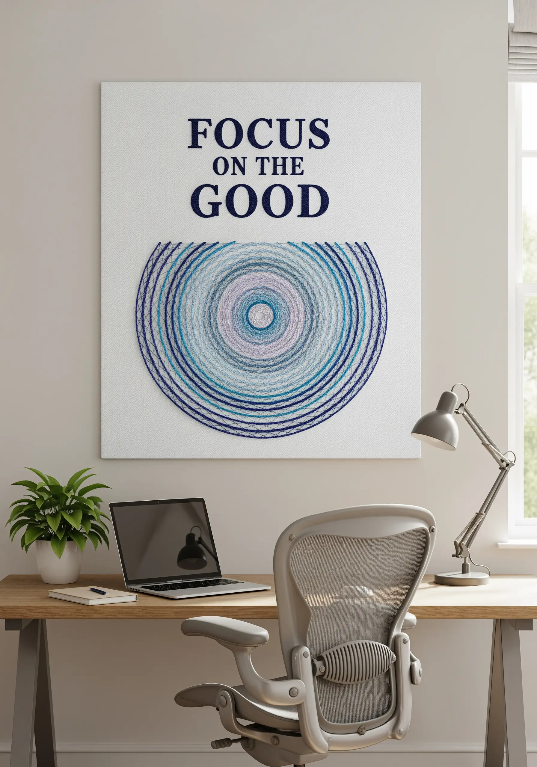 String art of concentric circles in blue and purple gradients with 'FOCUS ON THE GOOD' above.