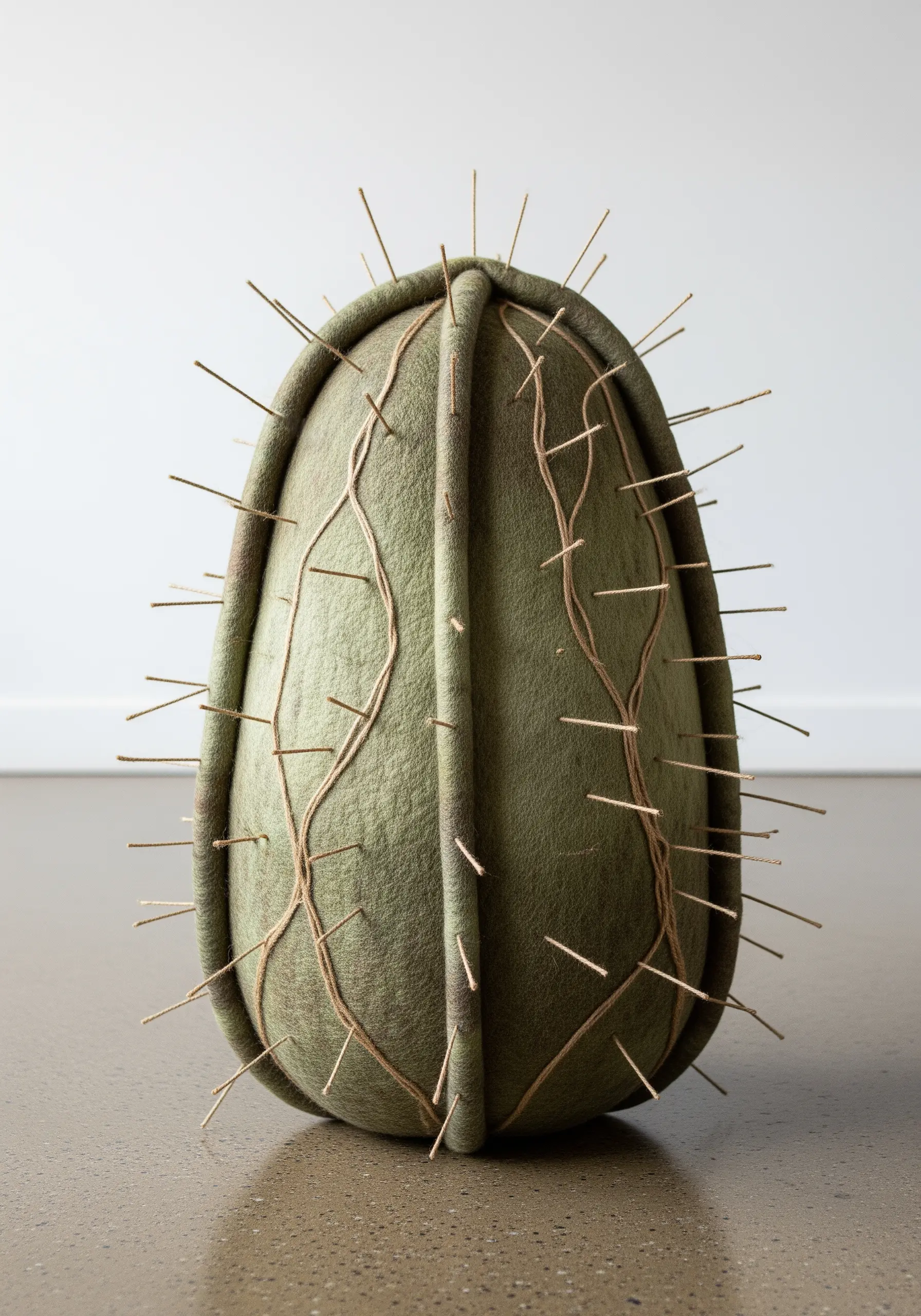 A large, three-dimensional felt cactus sculpture with thread details and wooden spines.