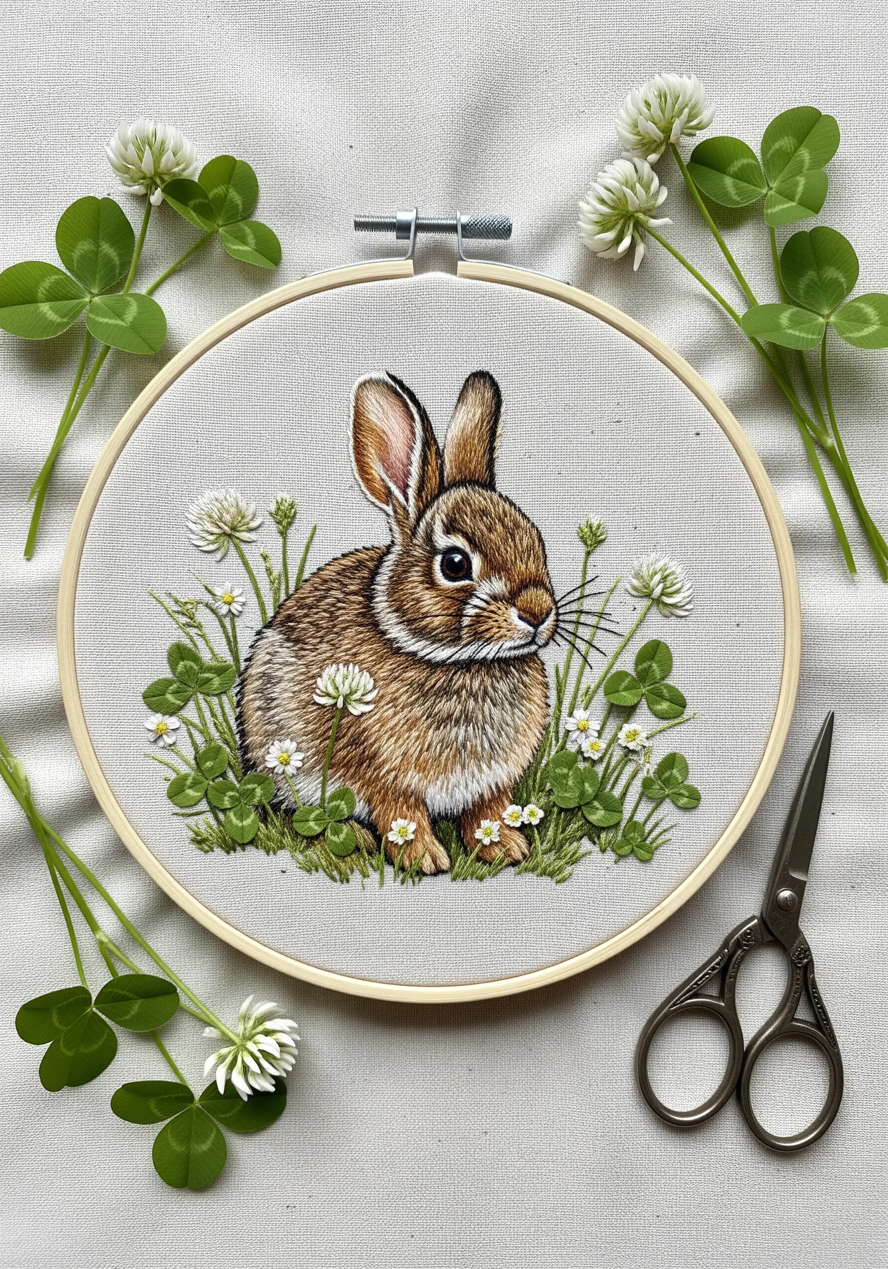 A small brown rabbit embroidered with soft, blended thread painting for realistic fur.