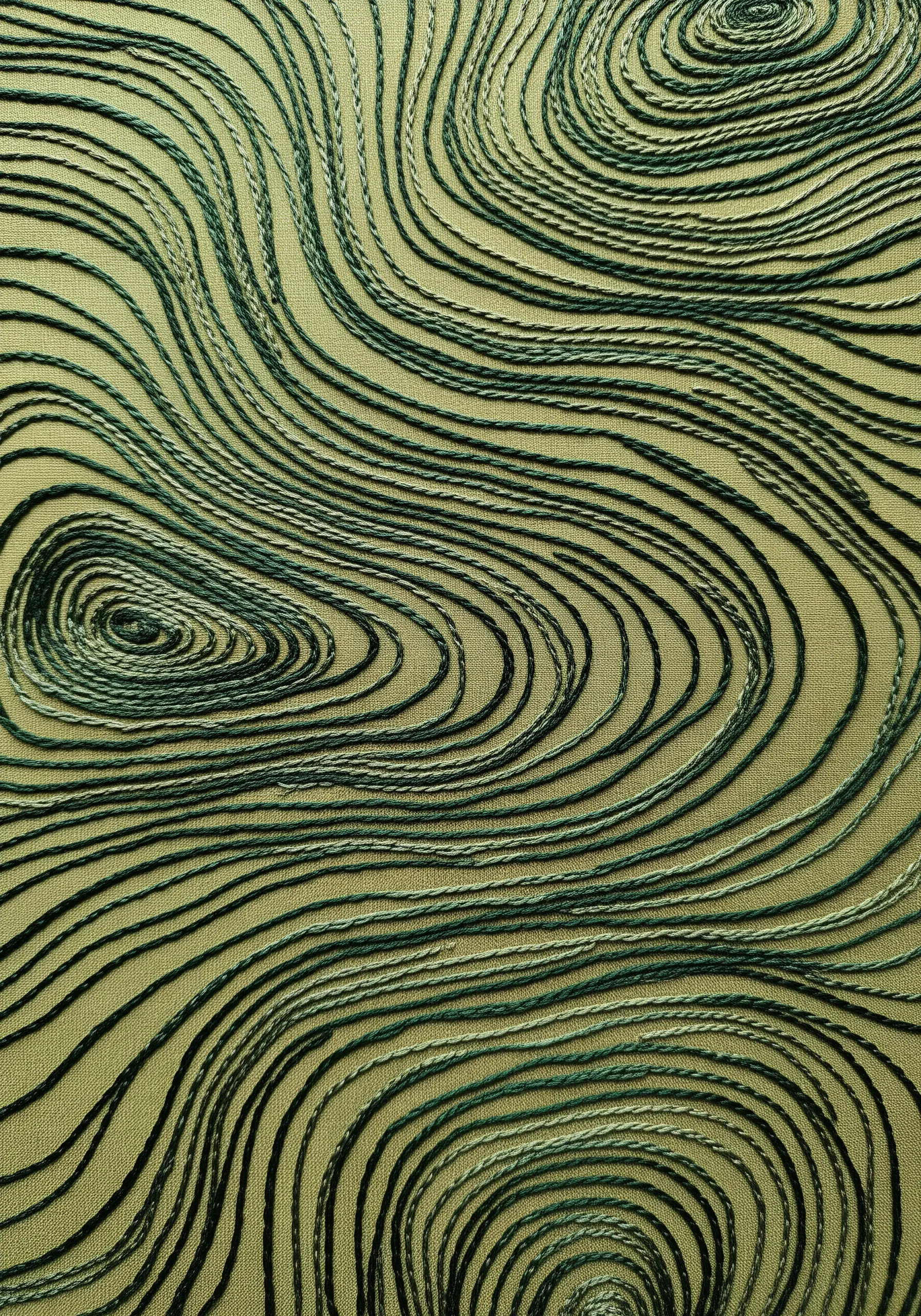 Flowing, topographic-style lines embroidered with a variegated green and black thread.