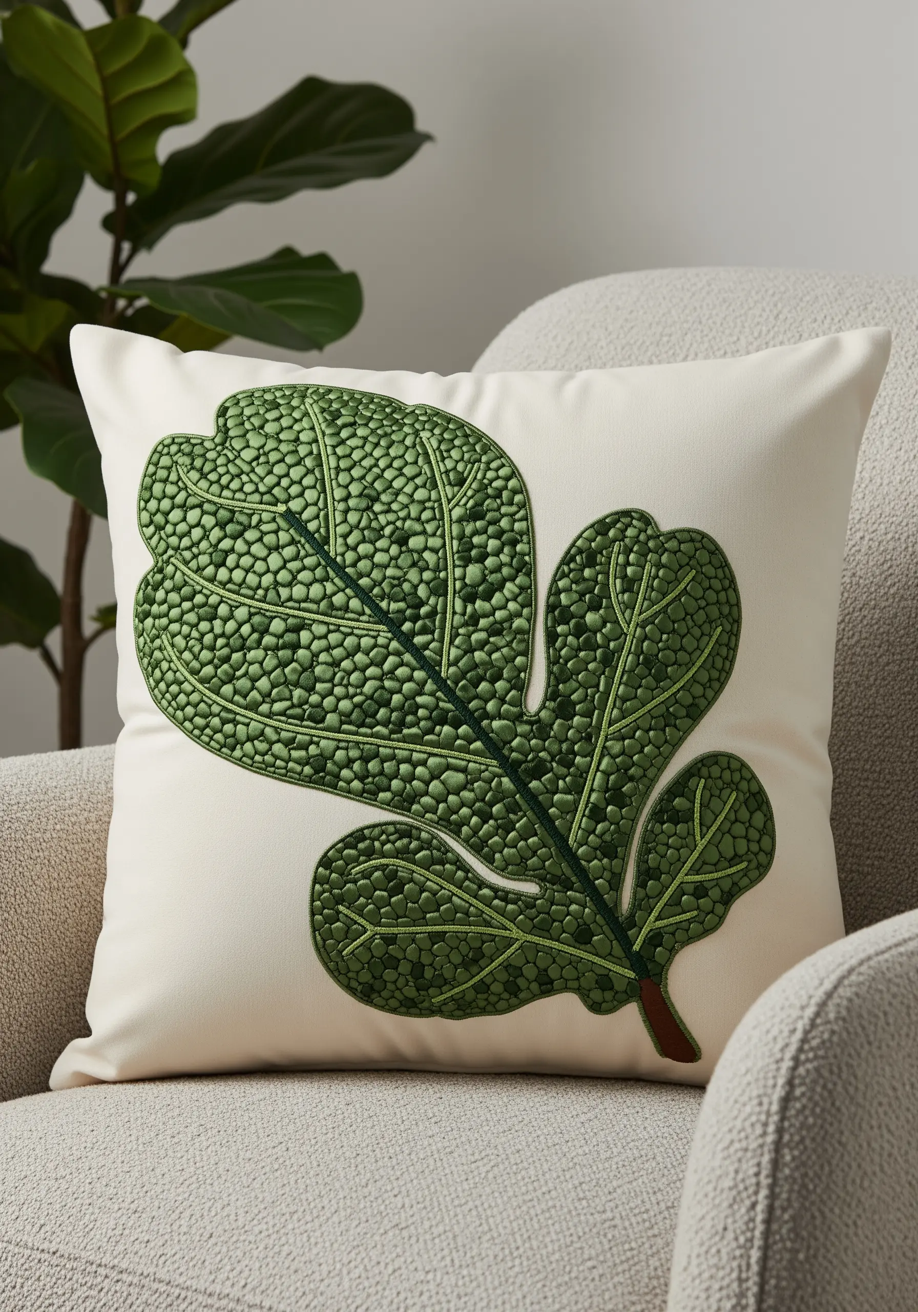 A large oak leaf embroidered on a pillow using dense green French knots for texture.