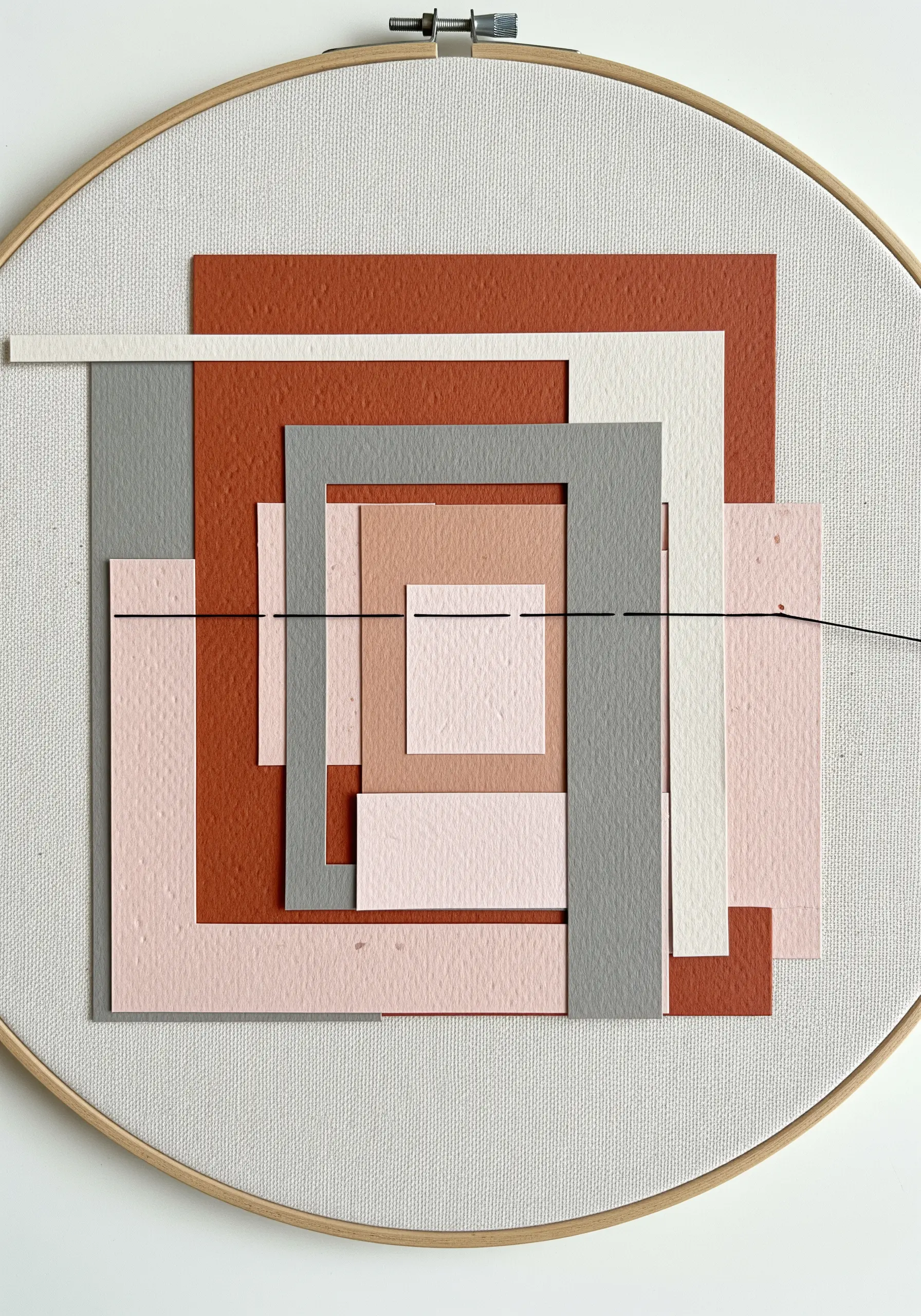 Abstract geometric paper collage in terracotta and grey tones, bisected by a single black thread.