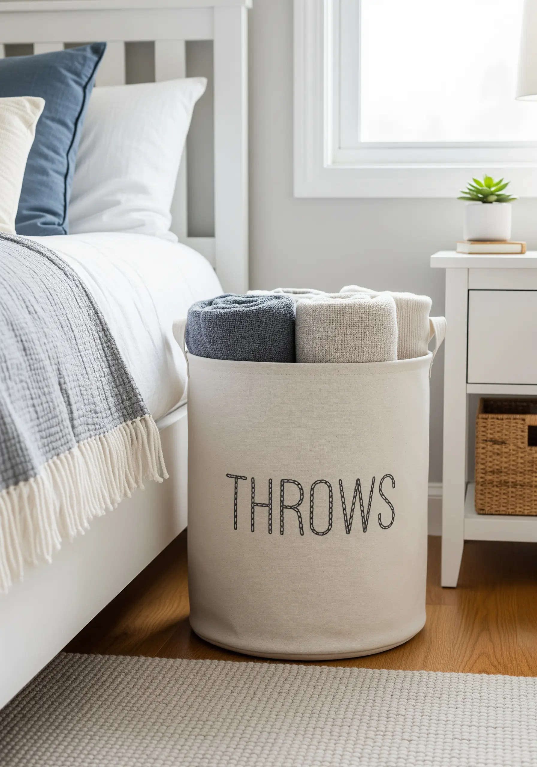 A canvas storage basket with the word 'THROWS' embroidered on it using a textured fill stitch.