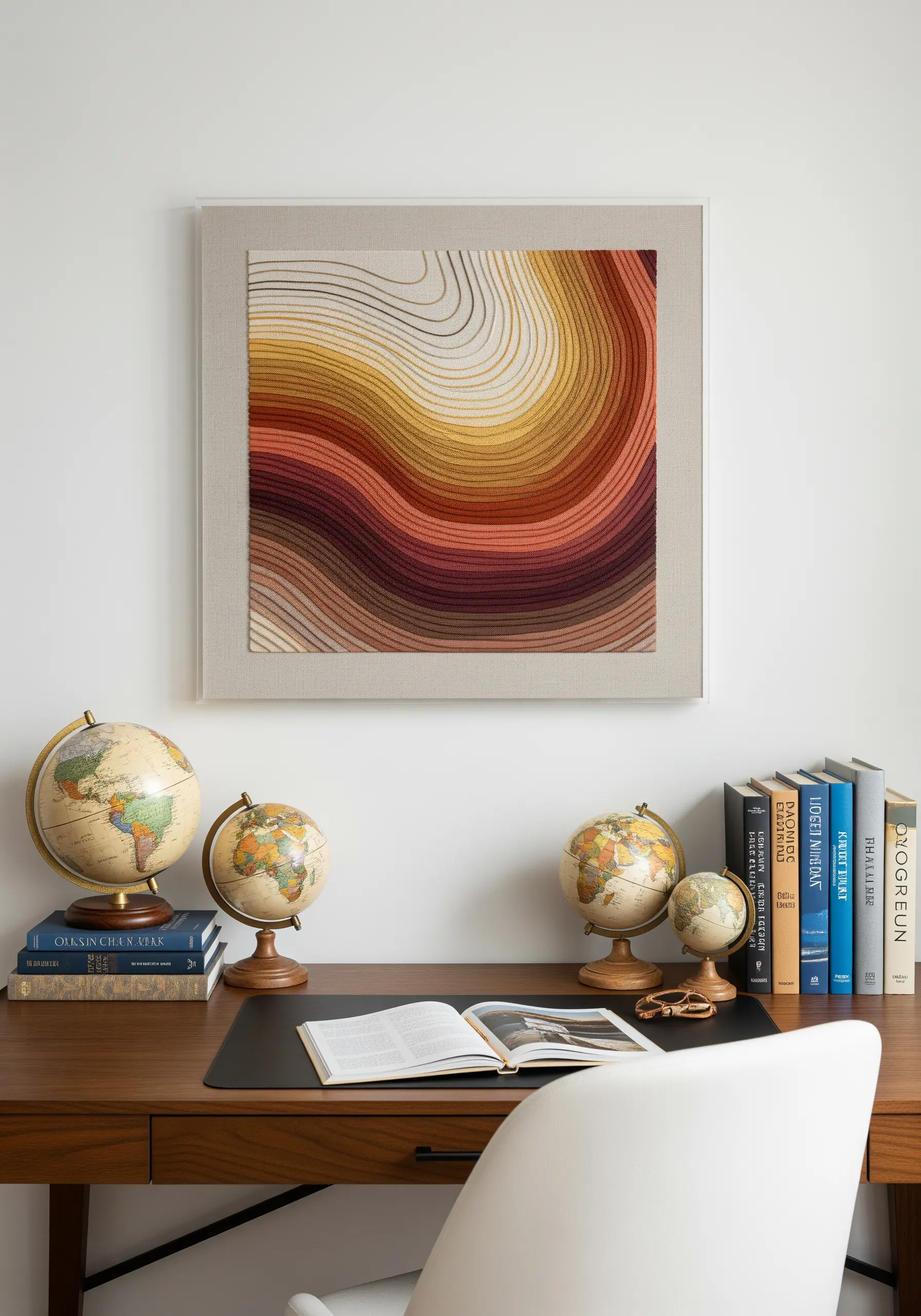 Abstract topographic embroidery with flowing lines of warm color gradients.