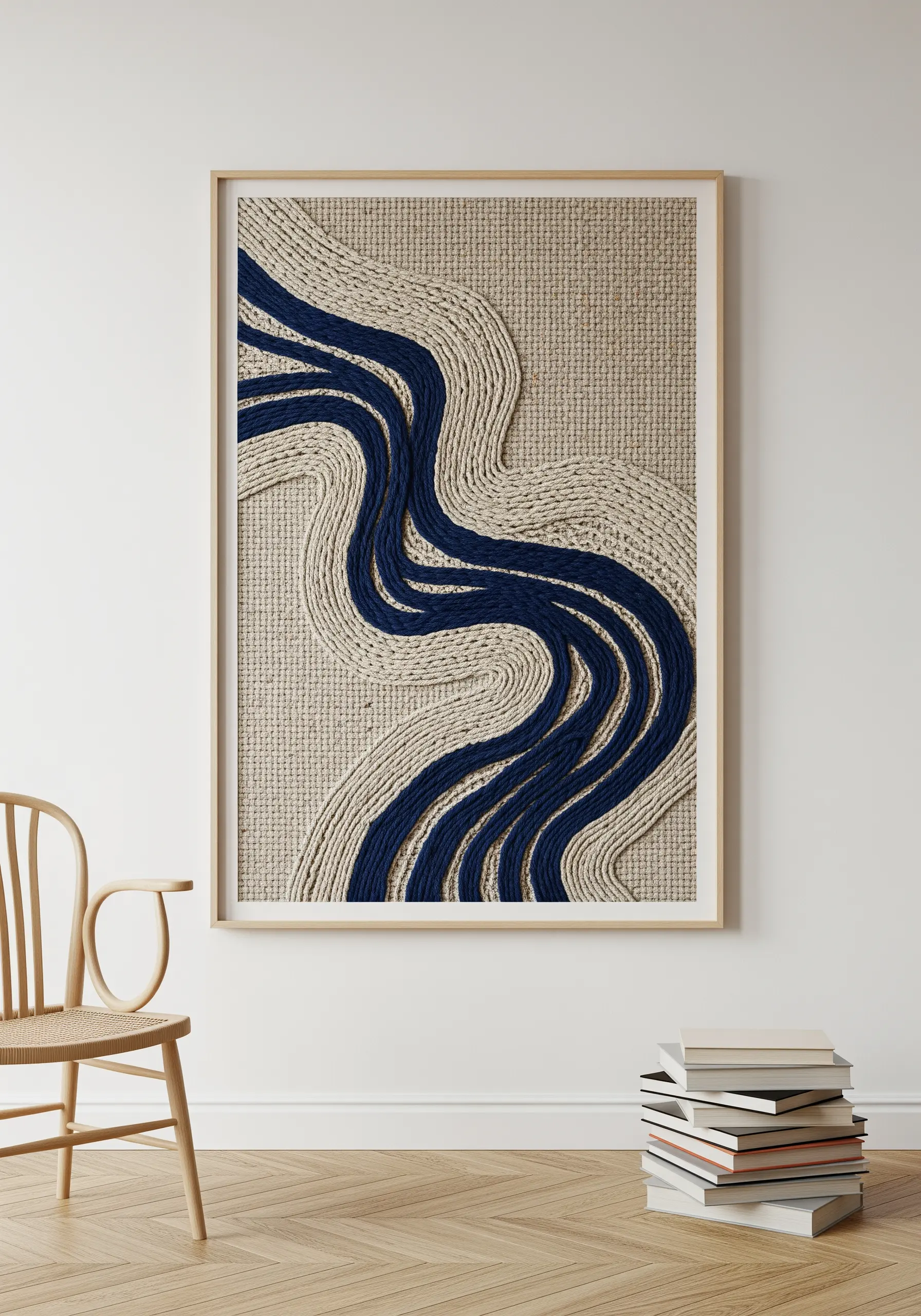 Large framed wall art with thick navy blue and cream yarn couched onto a burlap-like surface.