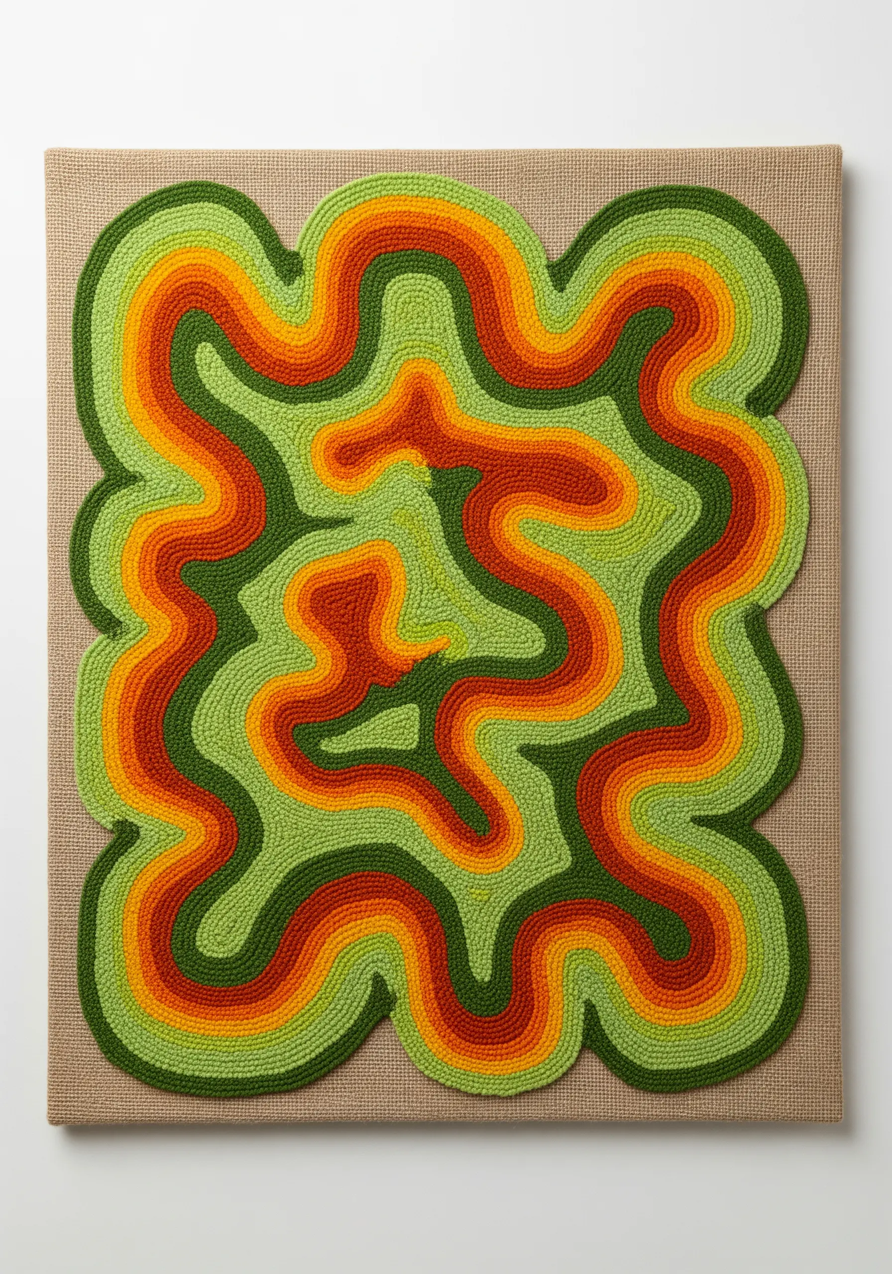 Abstract wall art with swirling, topographic lines made from couched yarn in retro greens and oranges.