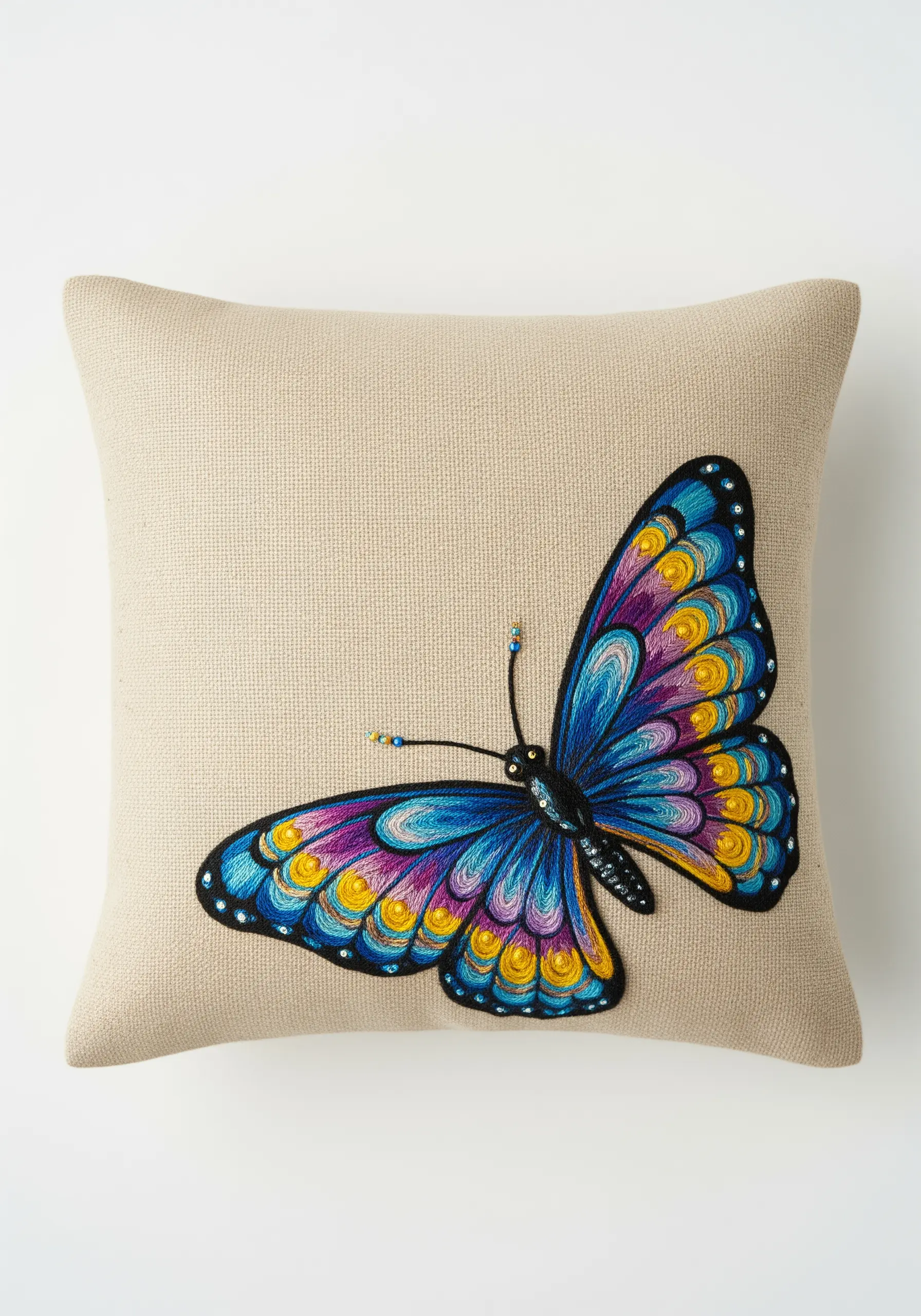 A vibrant embroidered butterfly with jewel-toned wings outlined in black.