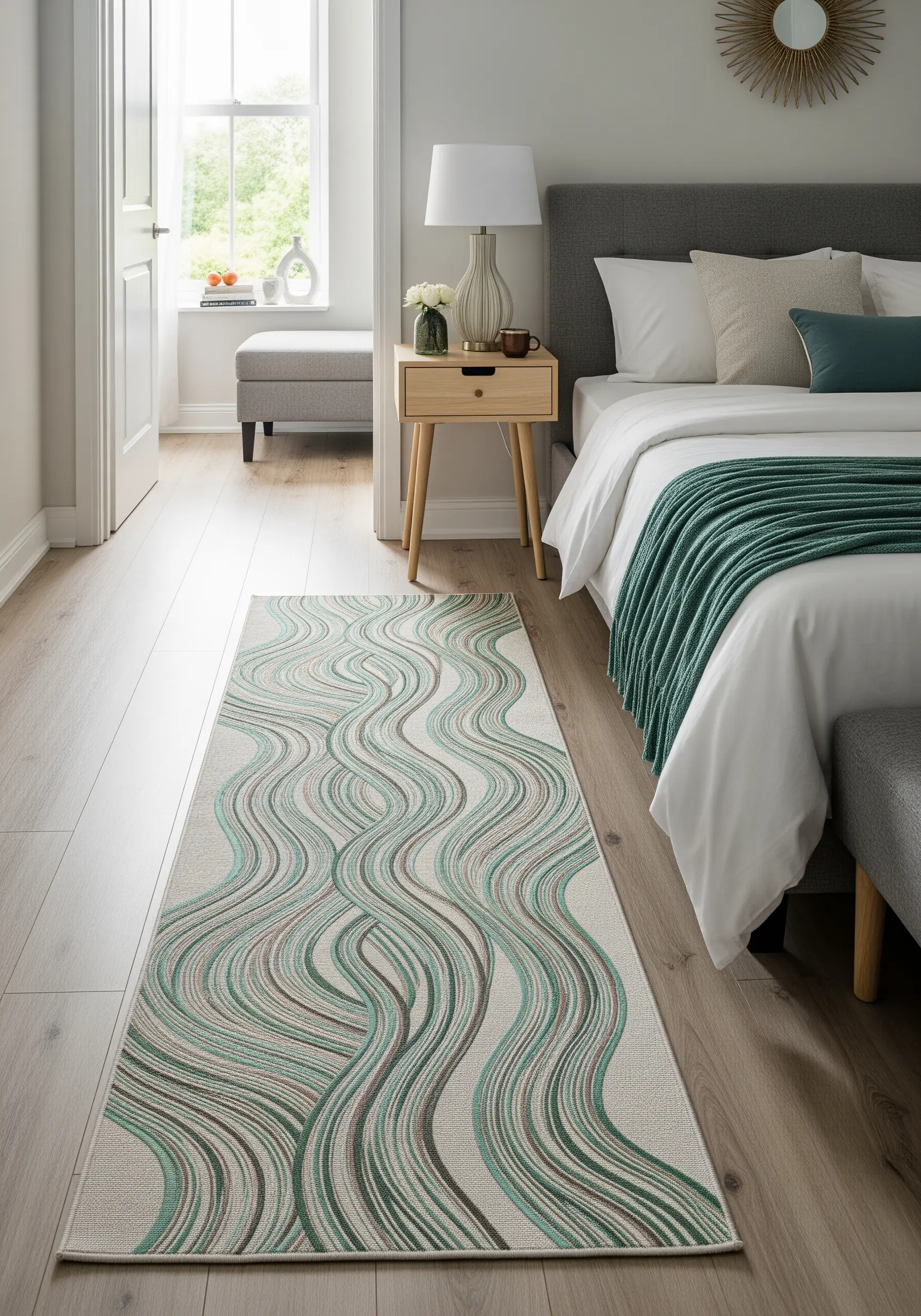 A long floor runner with an embroidered pattern of intertwined, wavy lines in greens and greys.