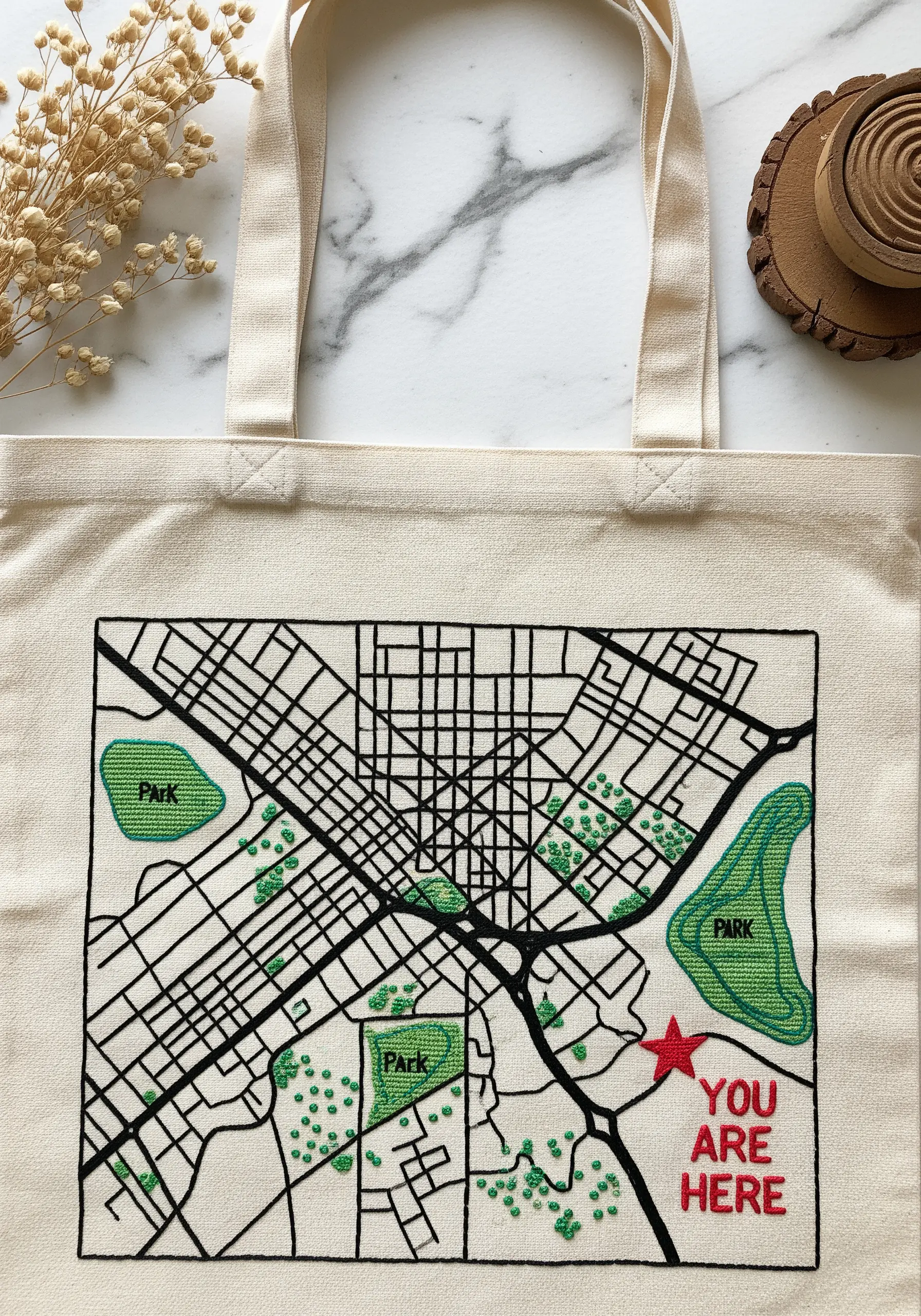 An embroidered city map with 'You Are Here' marker on a canvas tote bag.