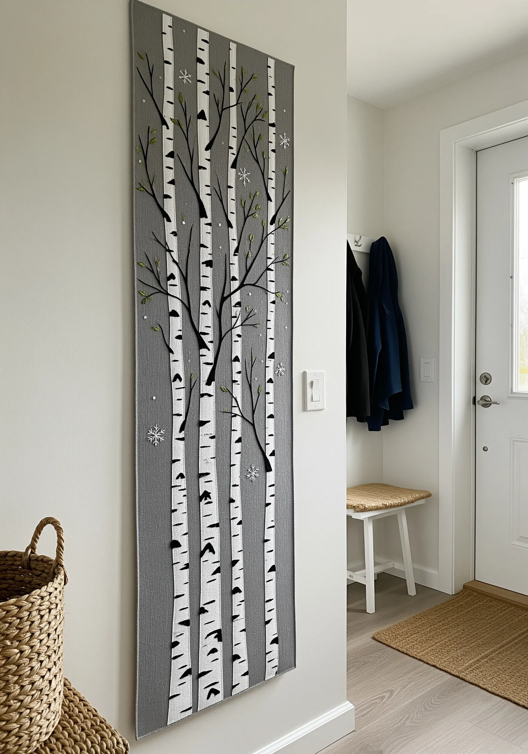 A tall, narrow wall hanging with appliquéd white birch trees on a grey background.