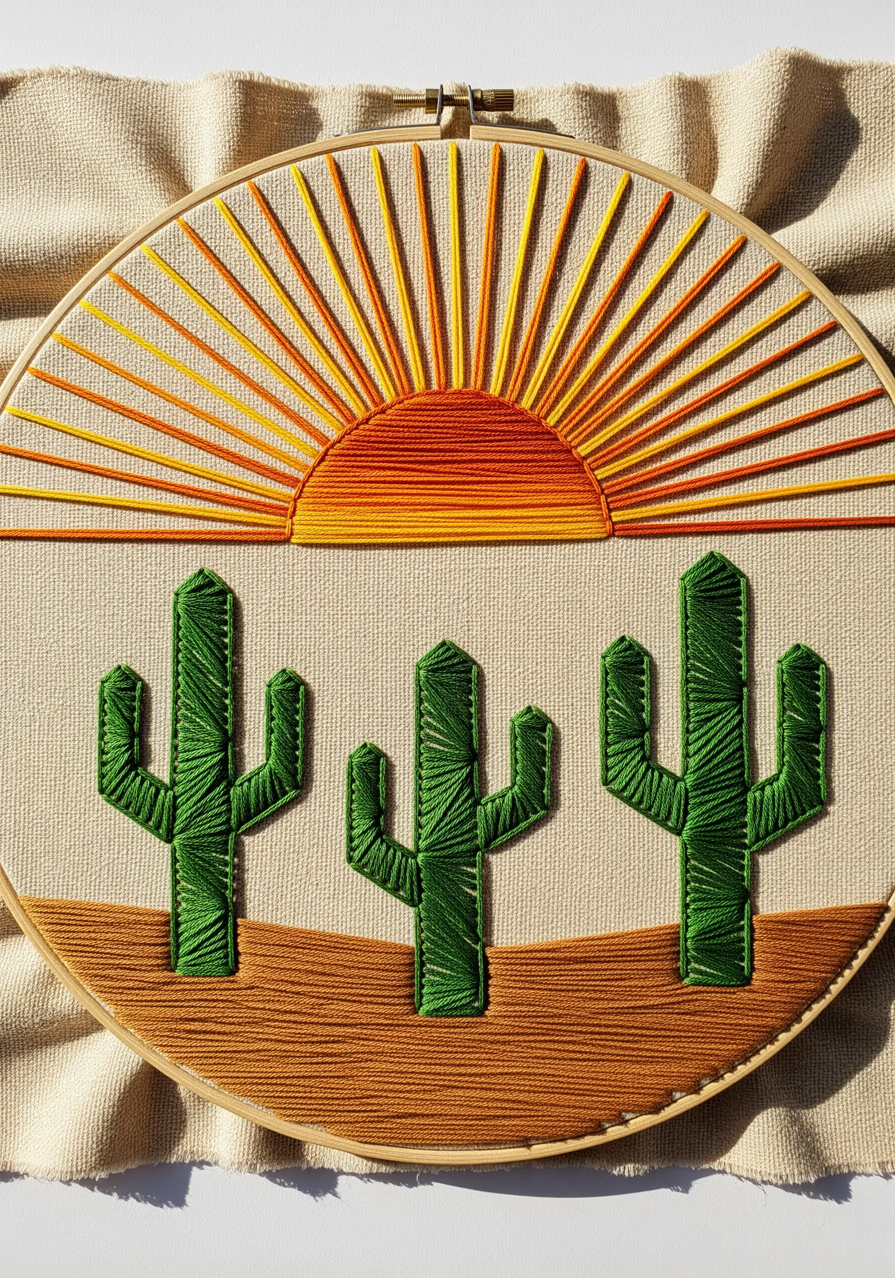 Embroidery hoop with satin-stitched cacti and a sun with long, radiating stitches