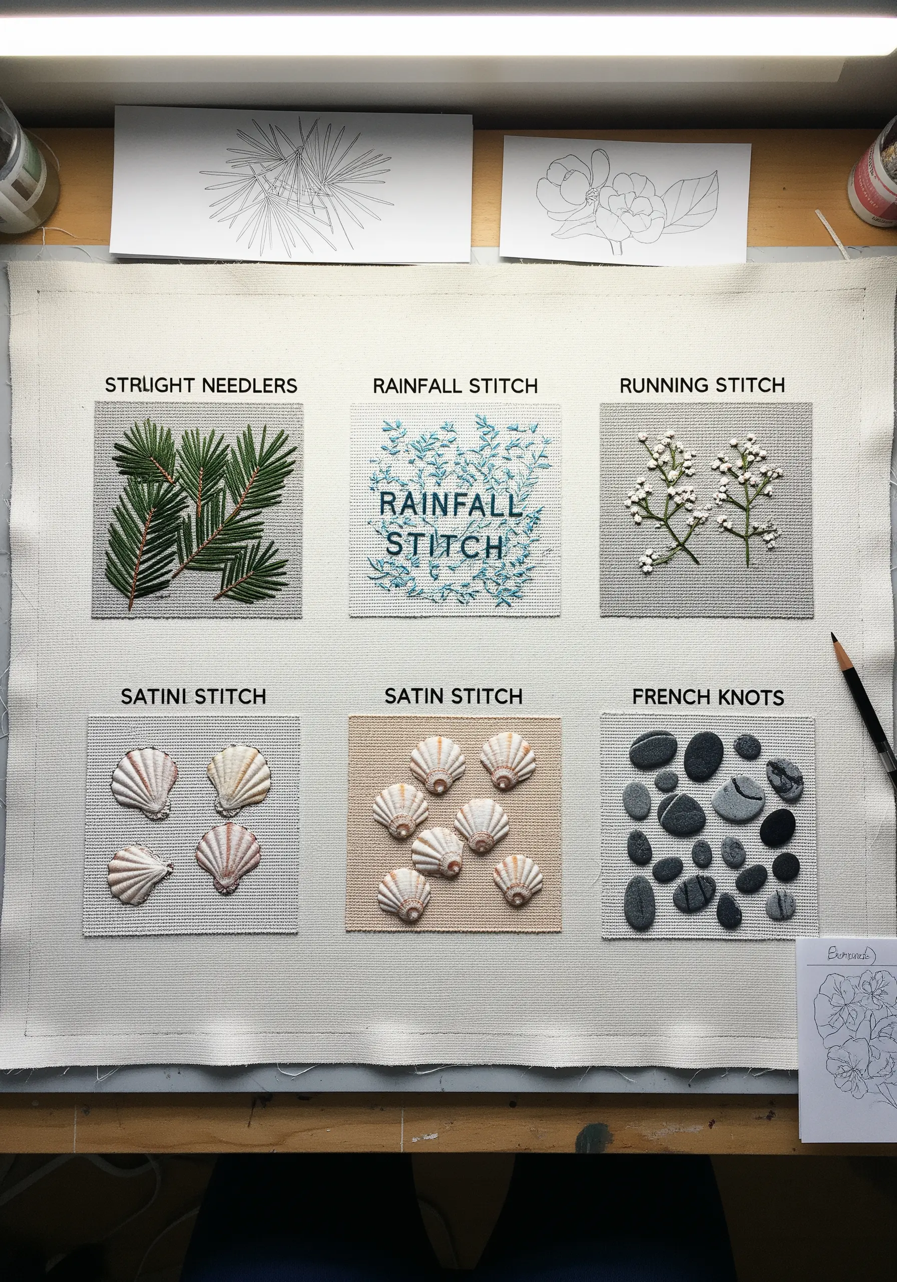 A sampler with six squares, each showing a different stitch technique for natural textures.