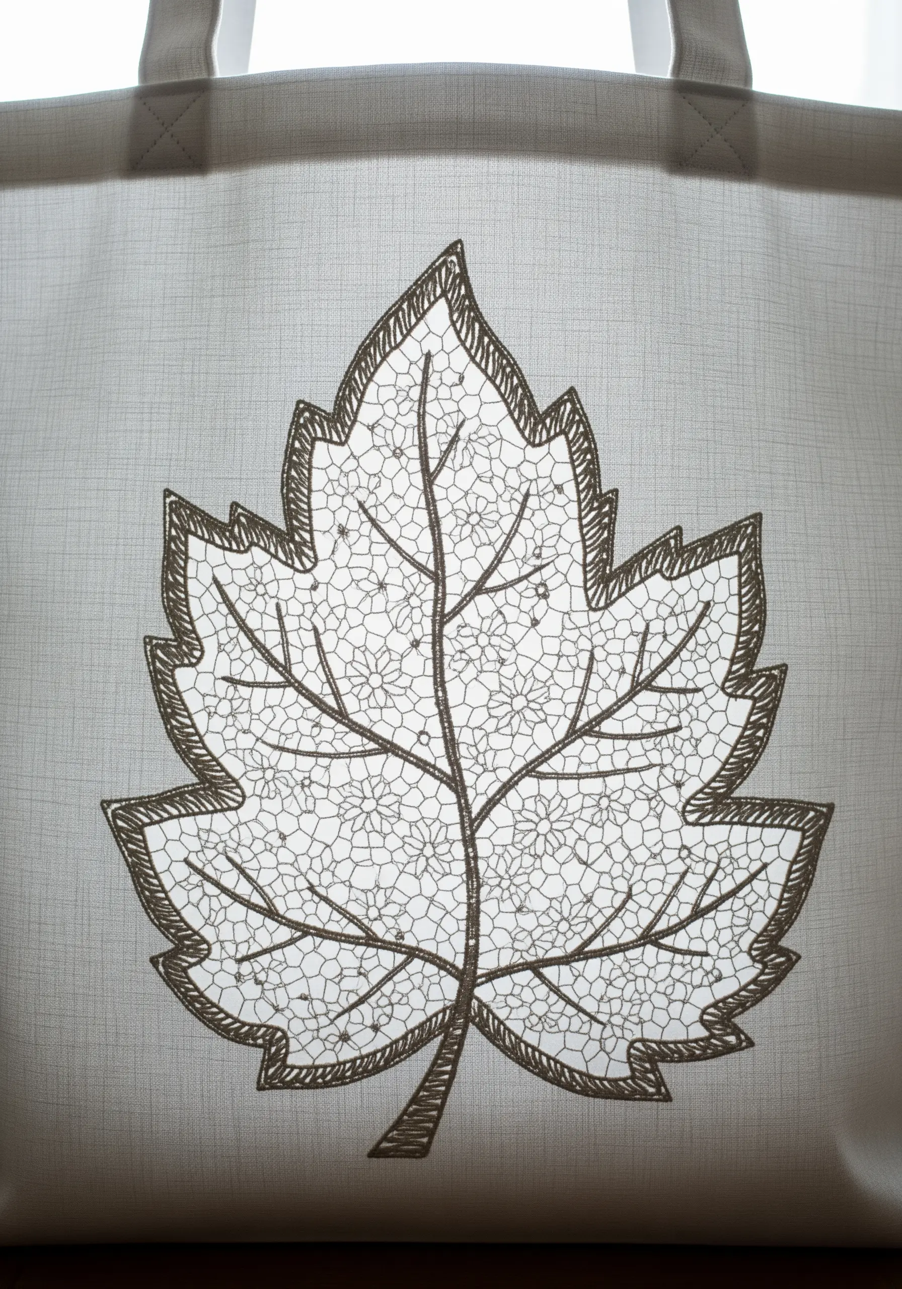 A large leaf outline filled with an intricate, lace-like stitch pattern on a light grey tote.