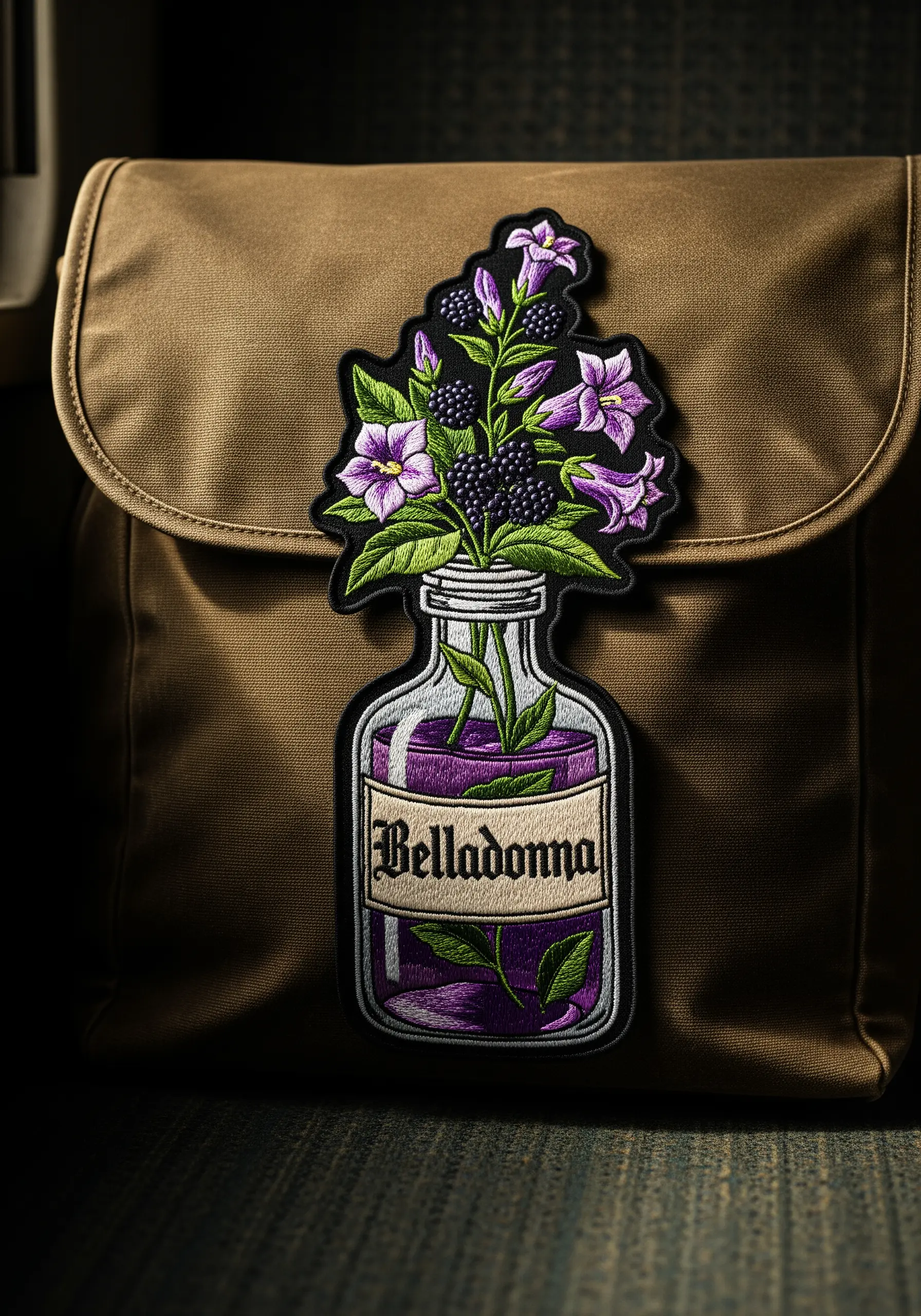 An embroidered patch of a belladonna poison bottle with purple flowers on a backpack.