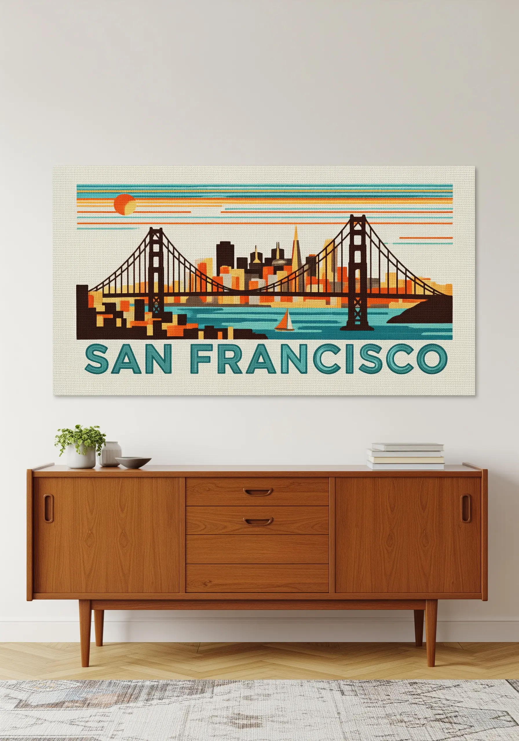 Embroidered San Francisco skyline in the style of a retro graphic travel poster.