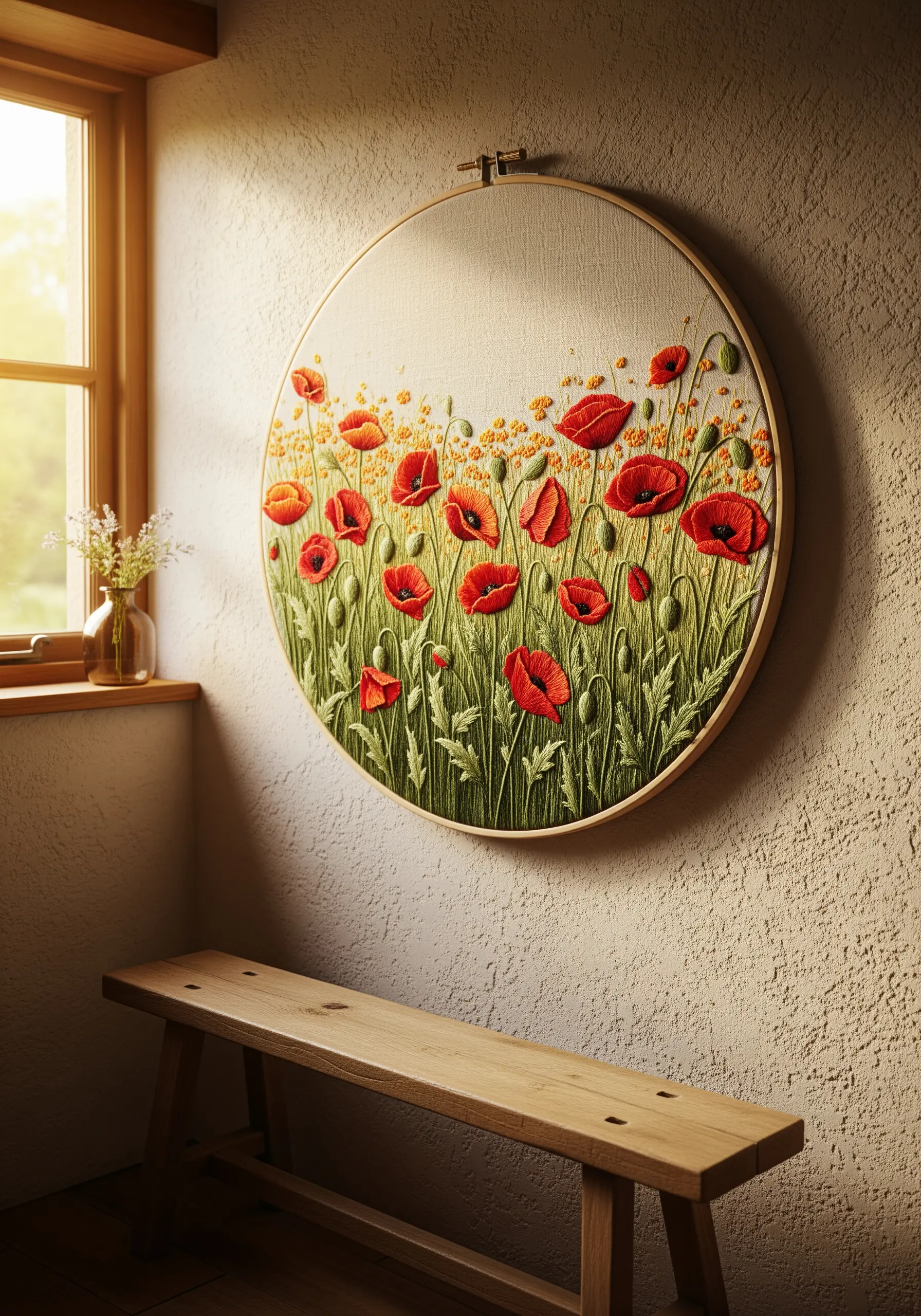Large embroidery hoop with a dense field of red poppies creating a sense of depth.