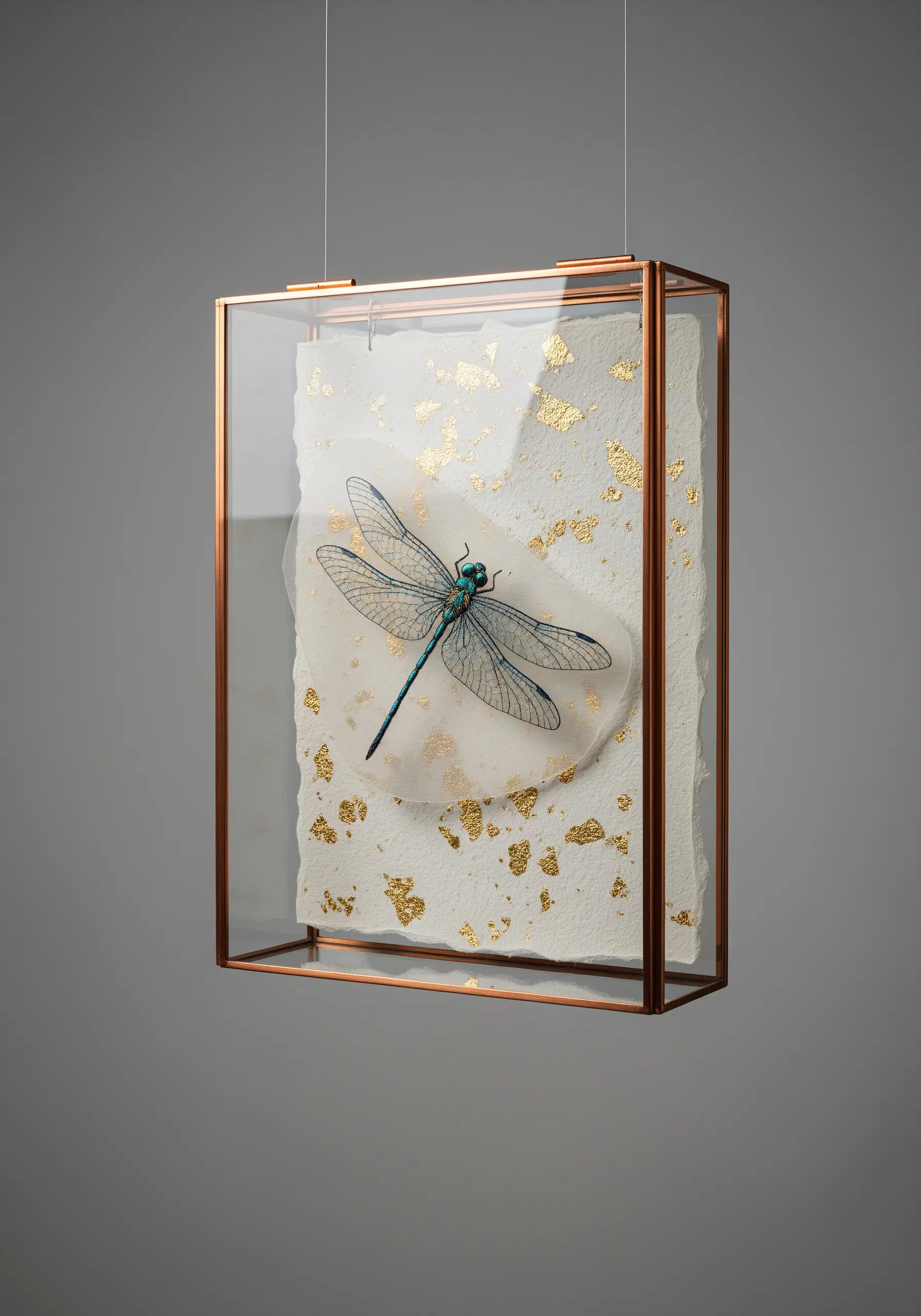 Dragonfly embroidered on vellum, displayed in a copper and glass specimen box.