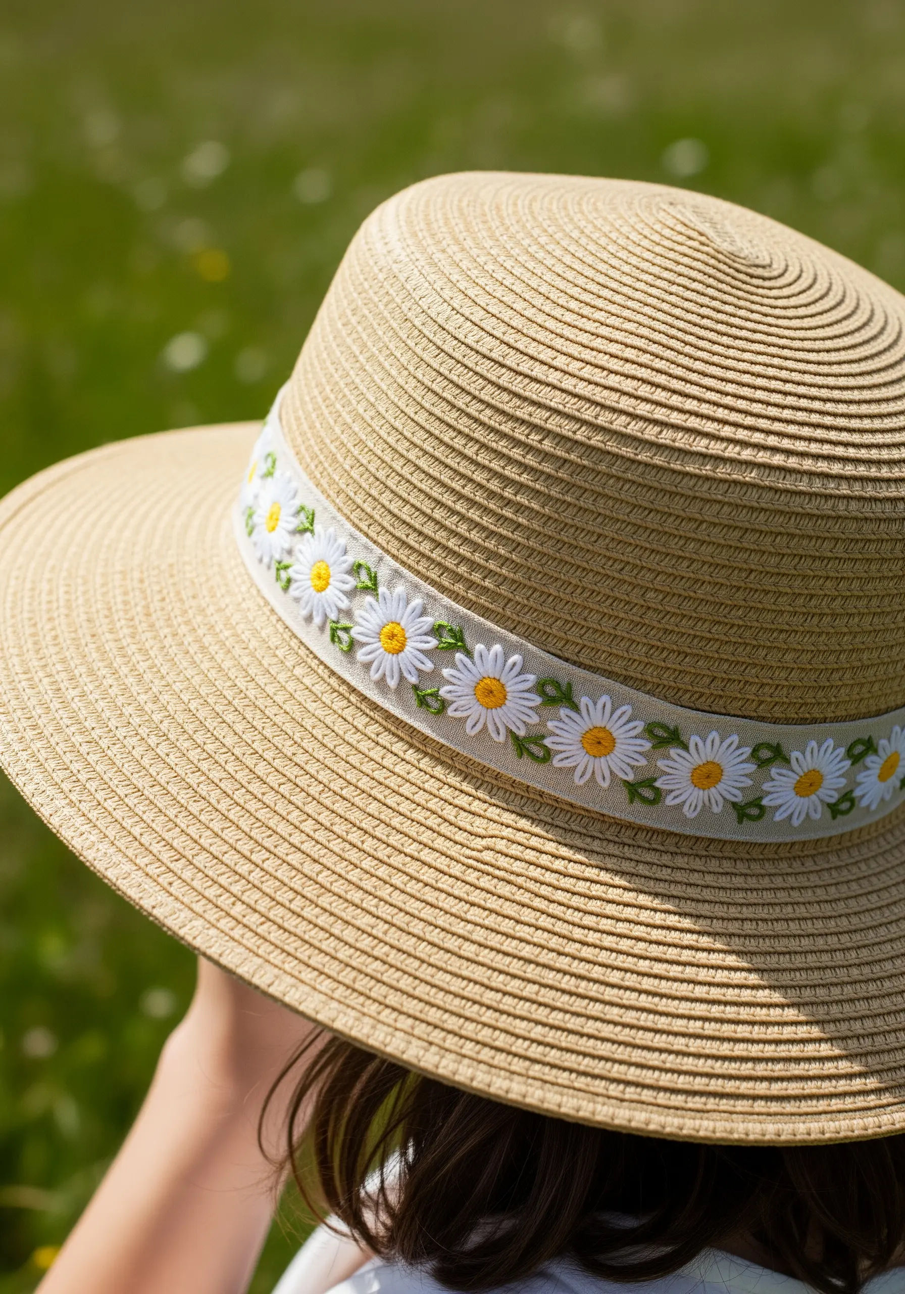 A chain of embroidered daisies on a light green ribbon wrapped around a straw sun hat.