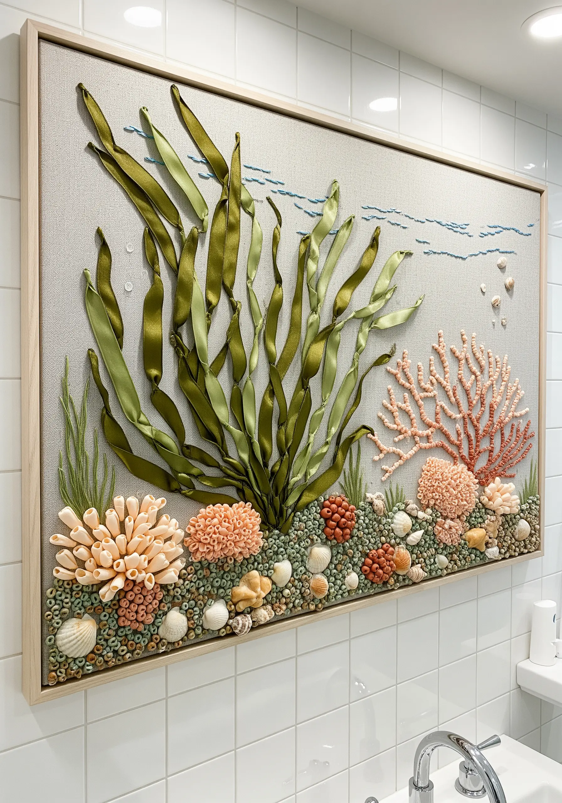 Framed embroidery of an underwater scene with silk ribbon seaweed and beaded coral.
