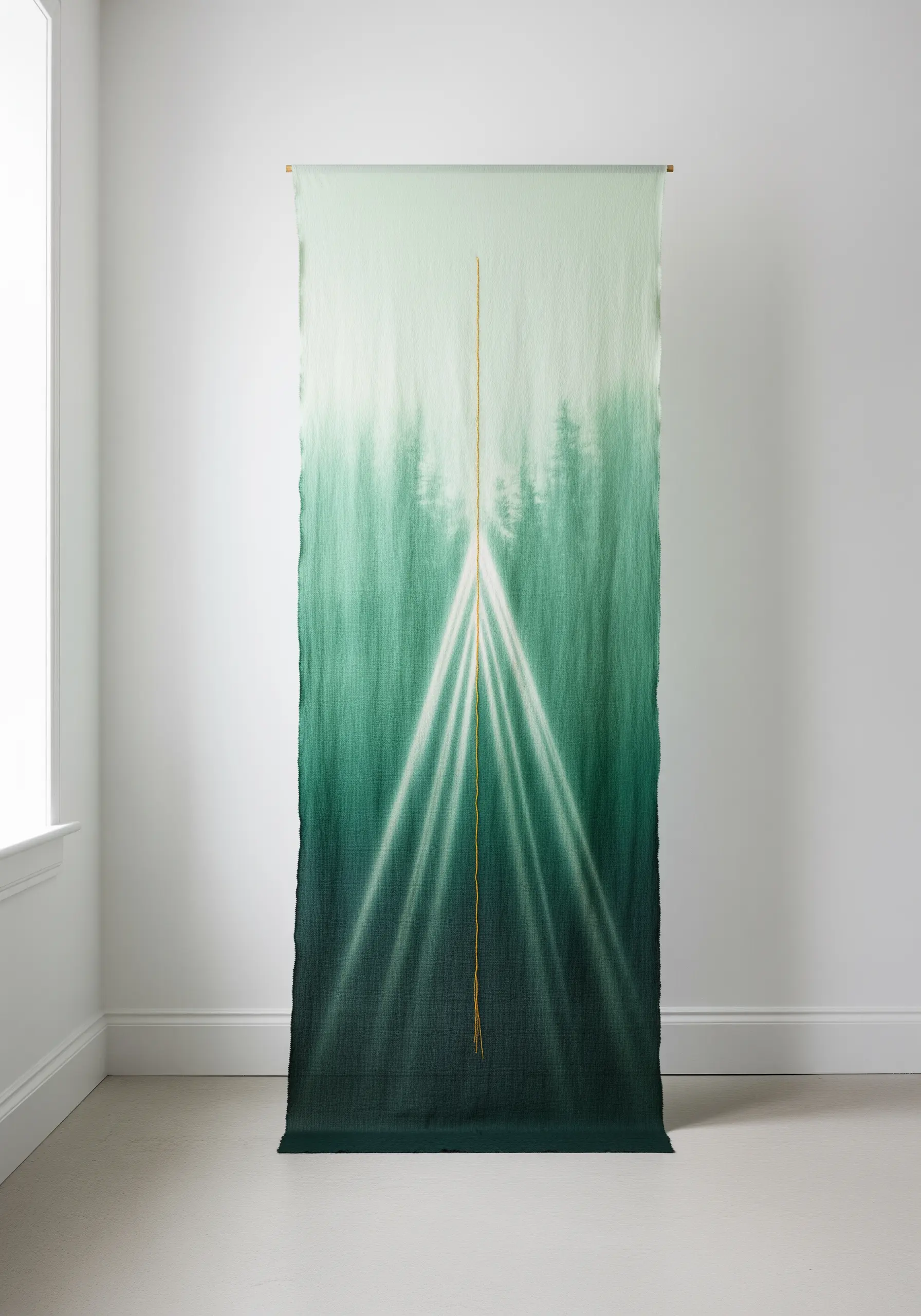 A large green ombré-dyed wall hanging with a single vertical gold thread.